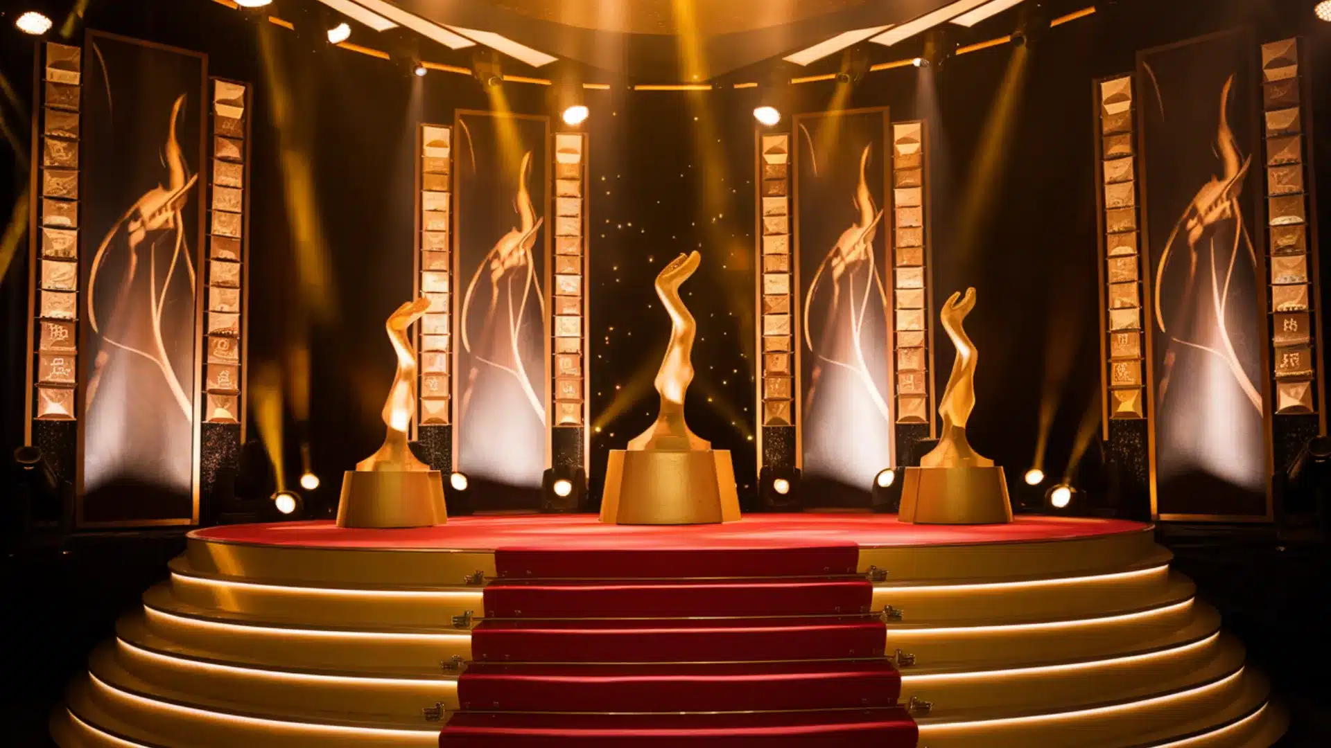 Award gala stage with golden trophies, spotlight lighting, and red carpet steps in a bright setting