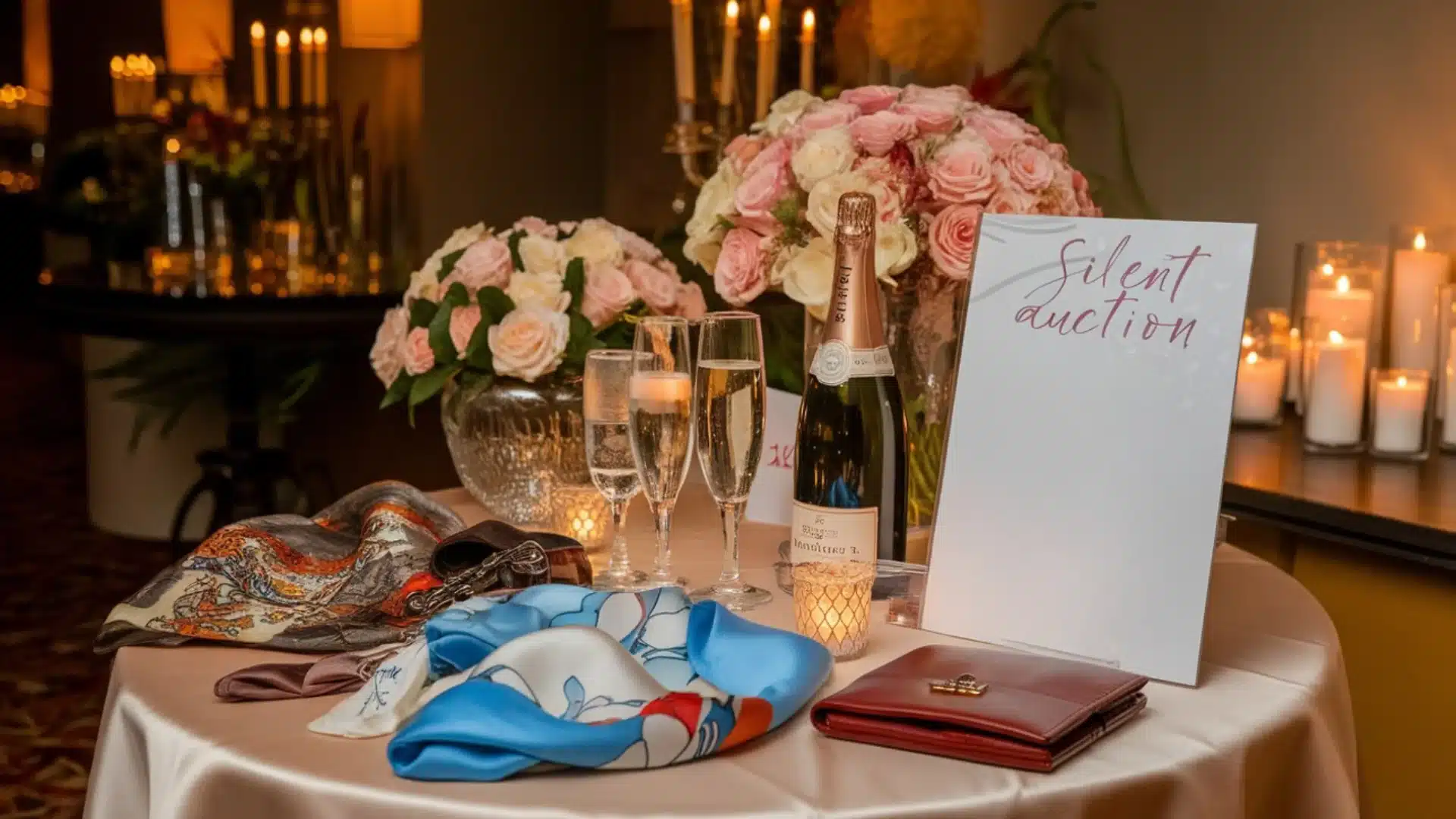 Charity gala table setup with champagne, flowers, candles, and silent auction display in a warm, elegant indoor setting
