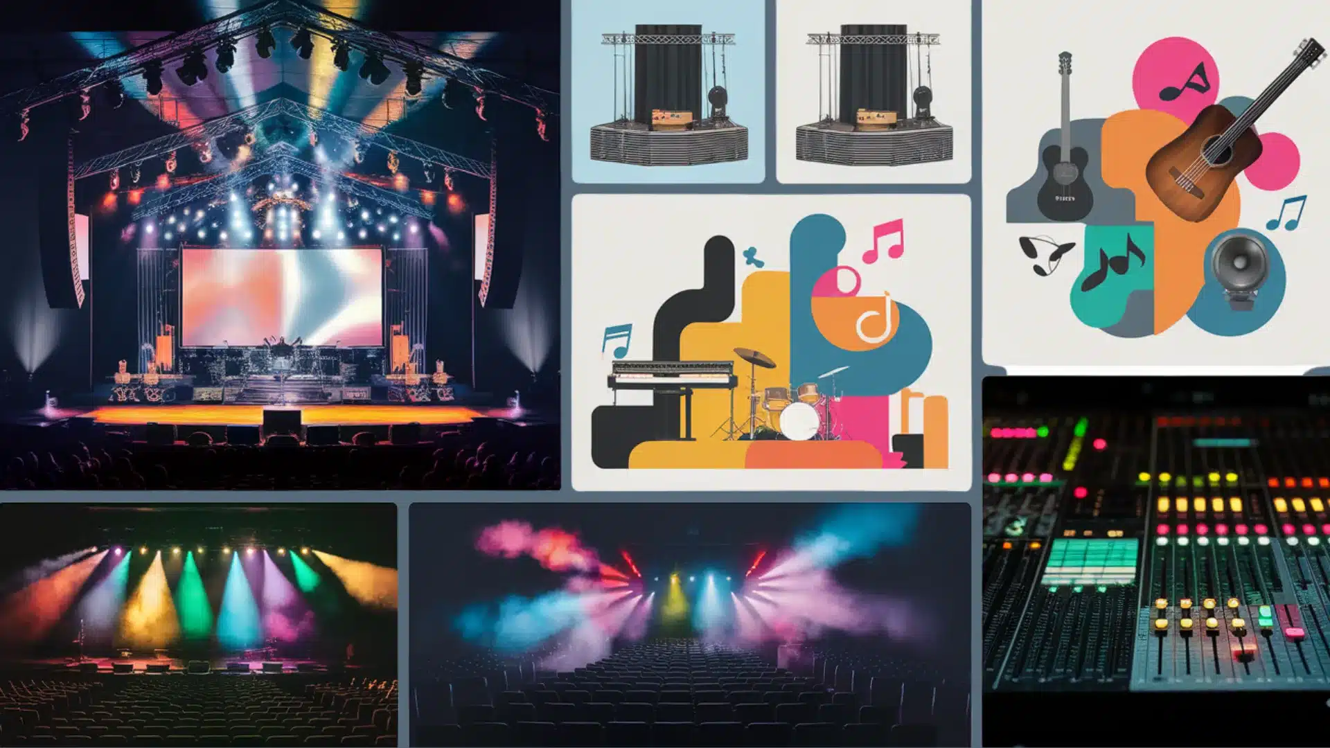 Collage of concert stages, lighting effects, sound equipment, and musical instruments showing event production elements