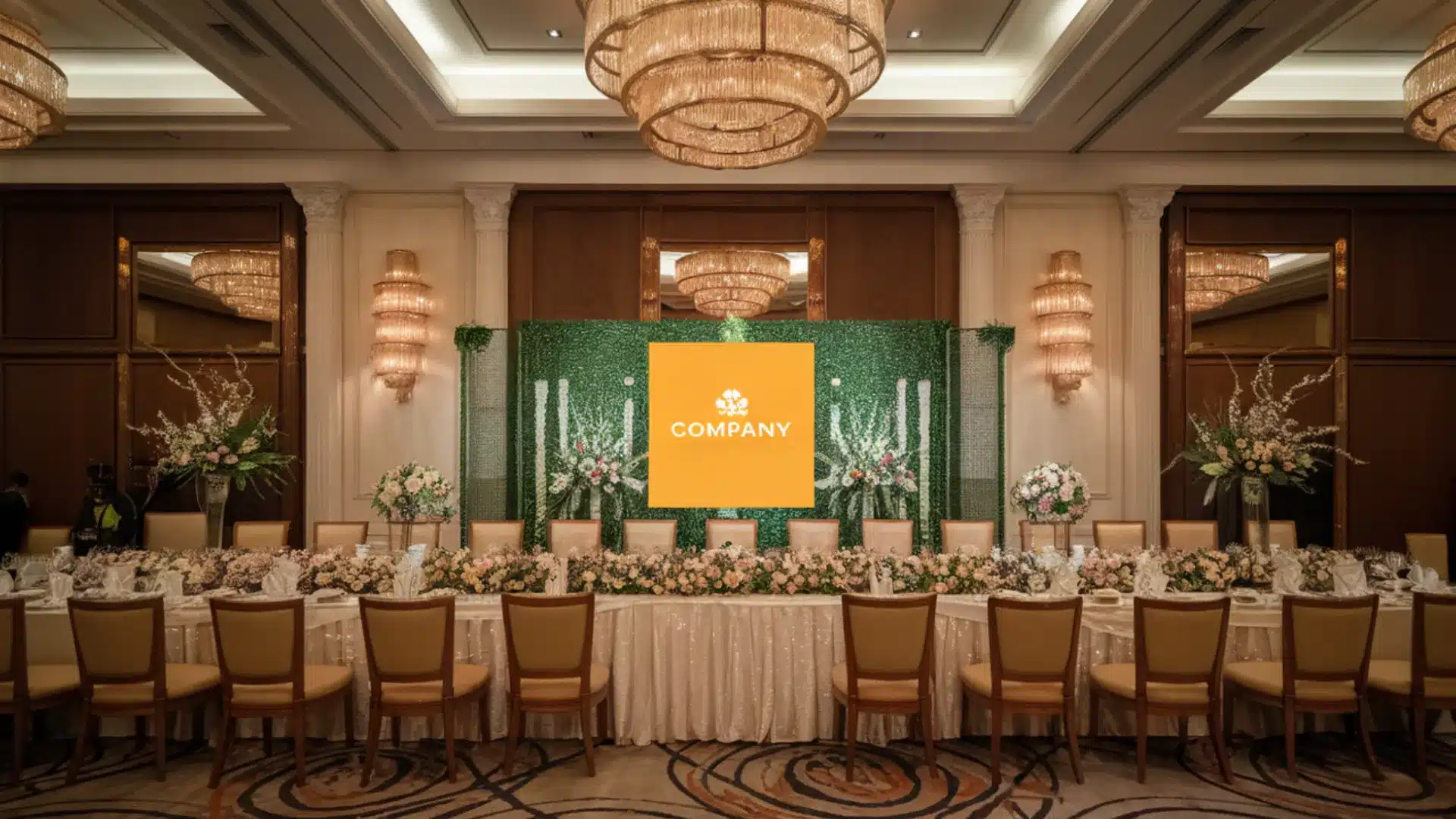 Corporate gala event stage with branded backdrop, floral arrangements, and long banquet table in a luxury ballroom setting