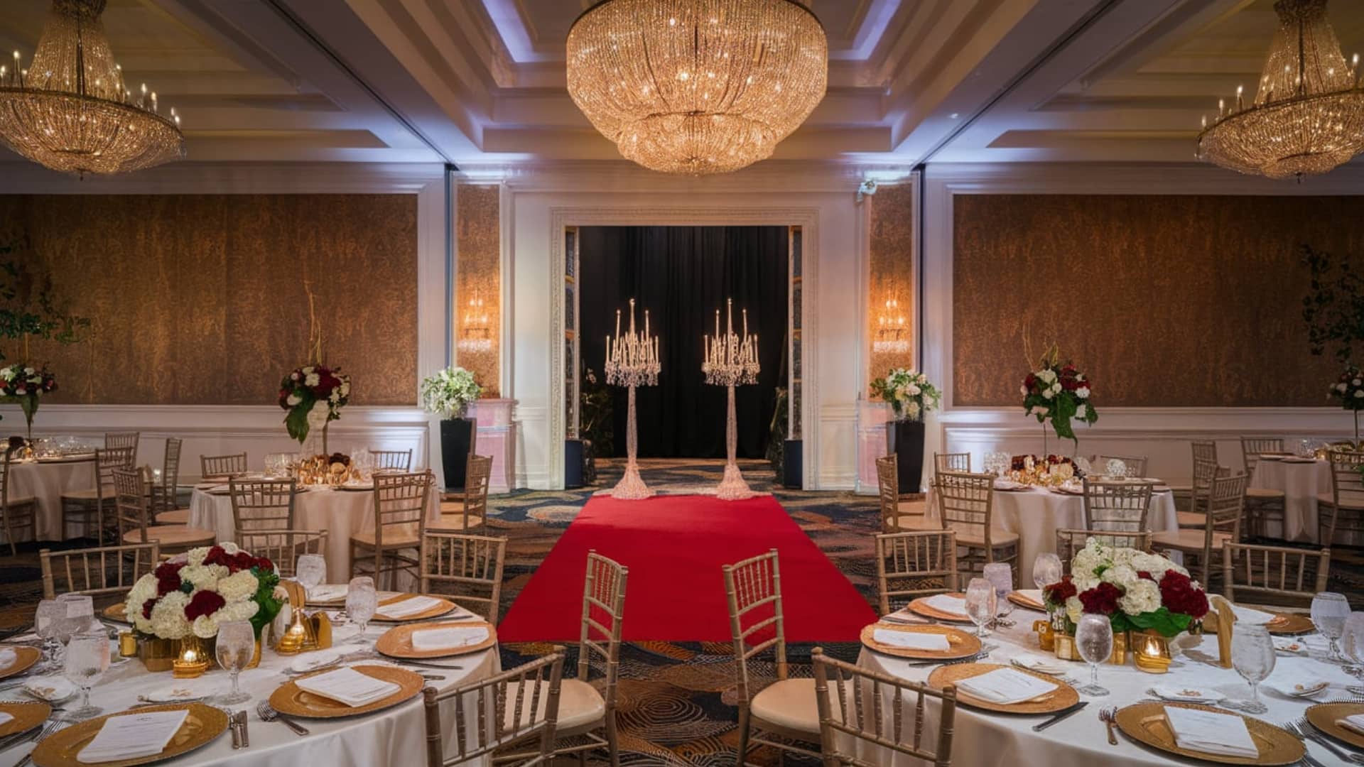 Elegant gala event hall with chandeliers, red carpet aisle, and decorated round dining tables set for formal celebration