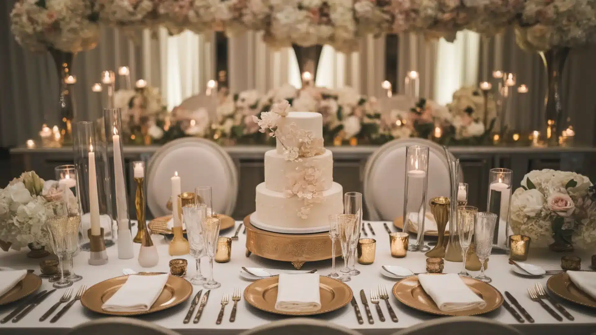 Elegant wedding gala table with cake, candles, floral decor, and gold table settings