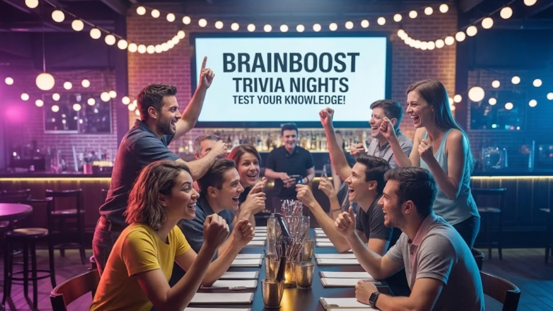 Friends celebrating at trivia night raising hands and cheering in bar with bright lights and screen display