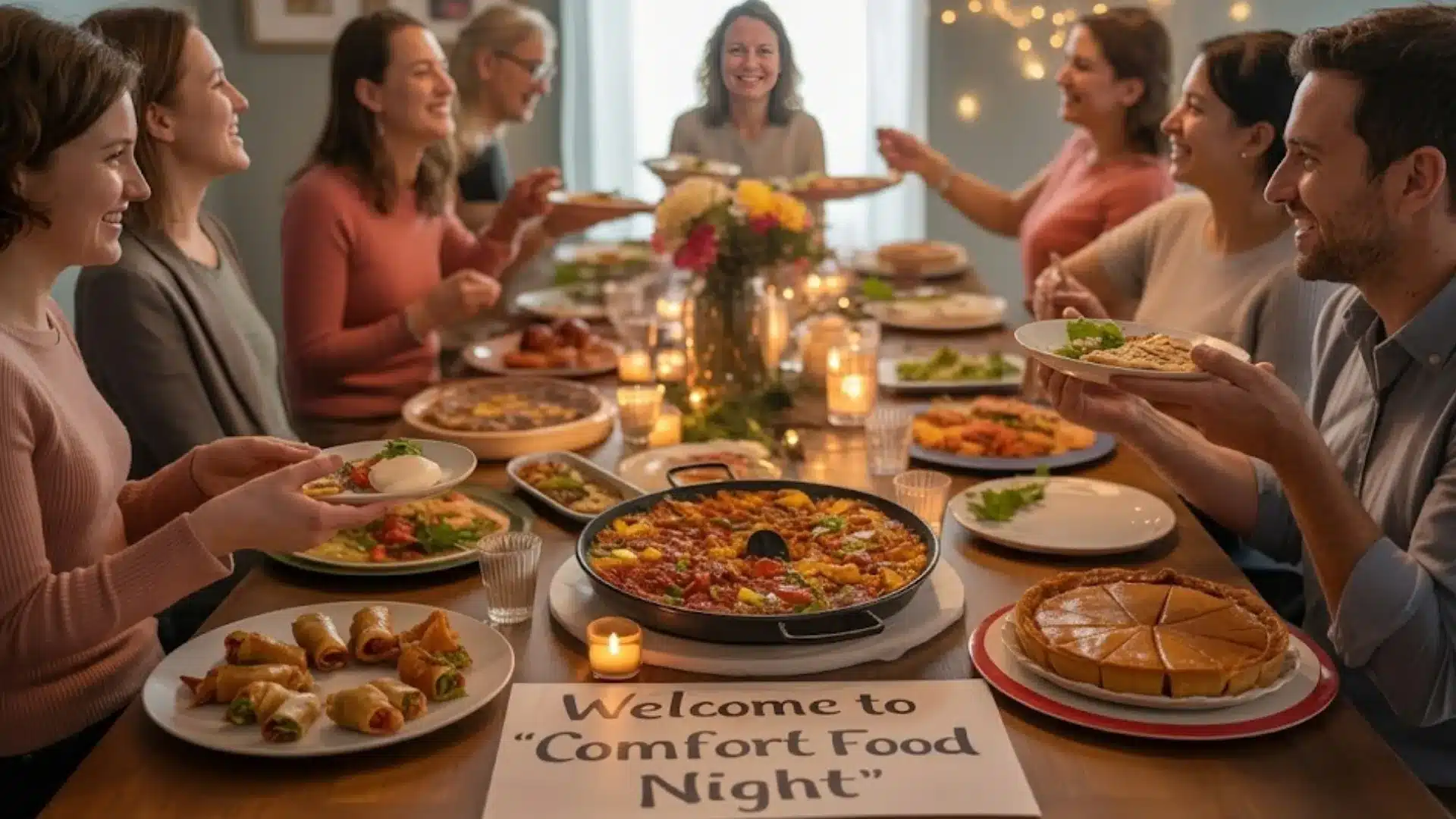 Friends enjoying comfort food dinner together with candles, dishes, and warm cozy gathering atmosphere