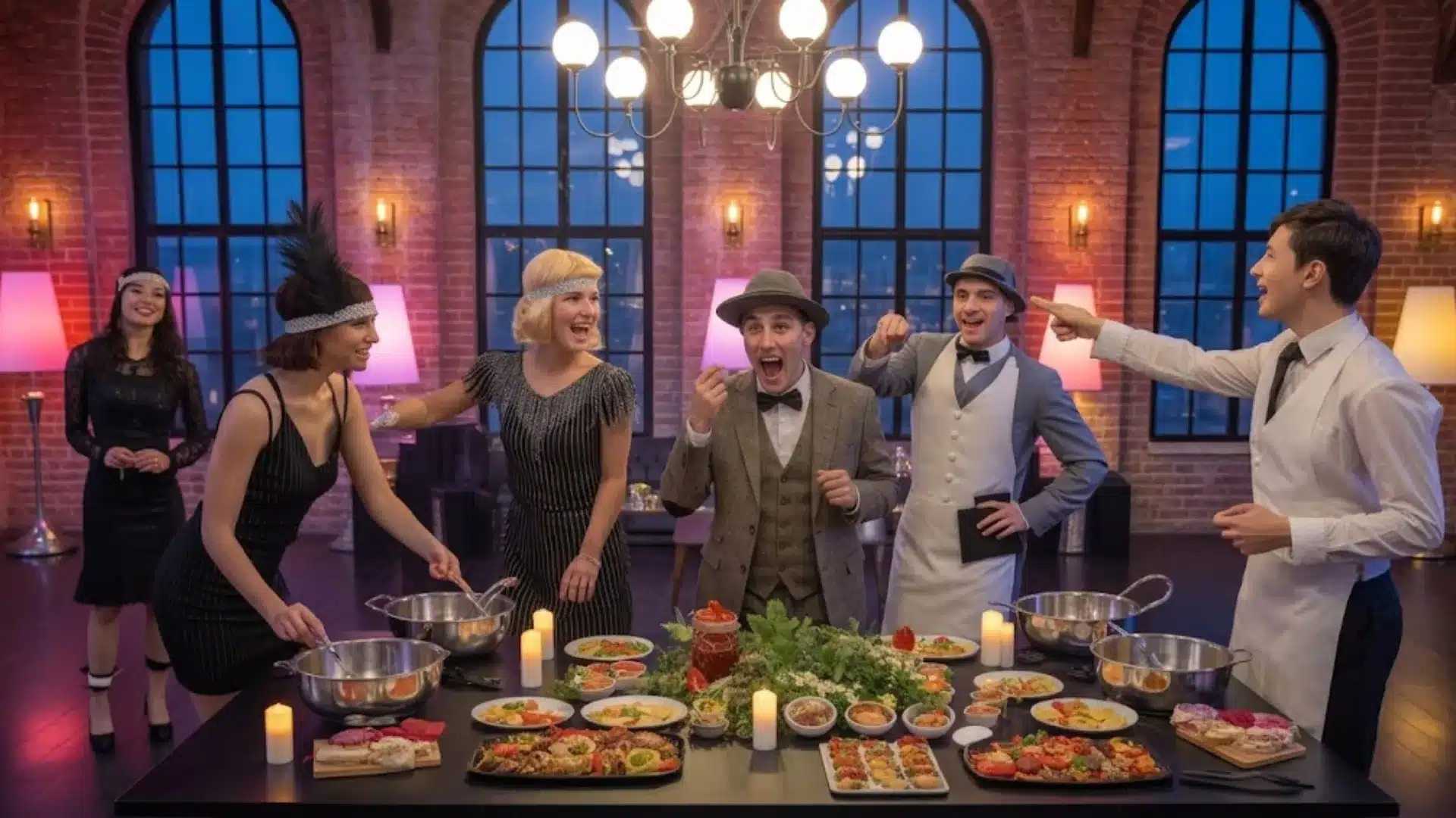 Friends in vintage outfits cooking and laughing together around table with dishes in stylish loft setting