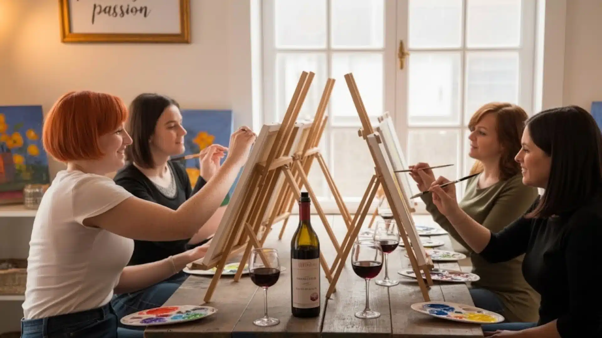 Friends painting on canvases while sipping wine at cozy indoor paint and sip class with easels and art supplies