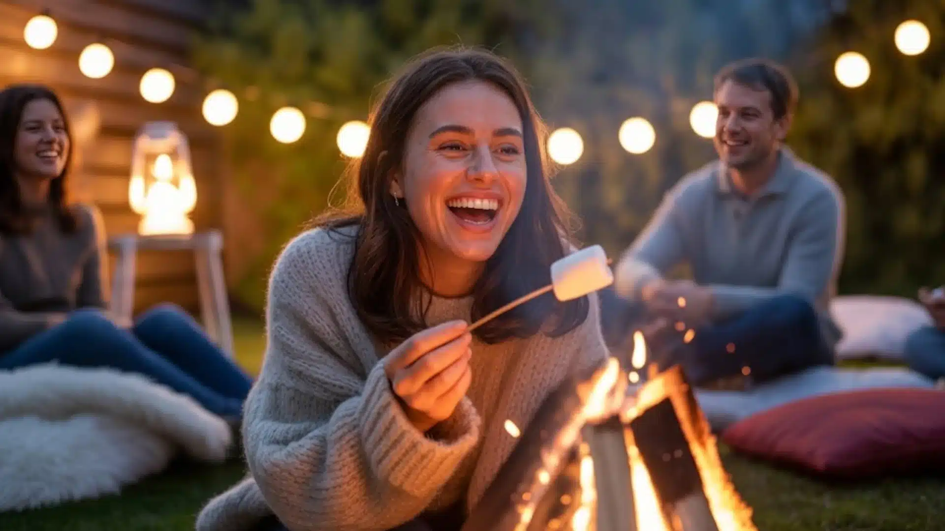 Friends roasting marshmallows over campfire at night laughing together in cozy outdoor backyard setting