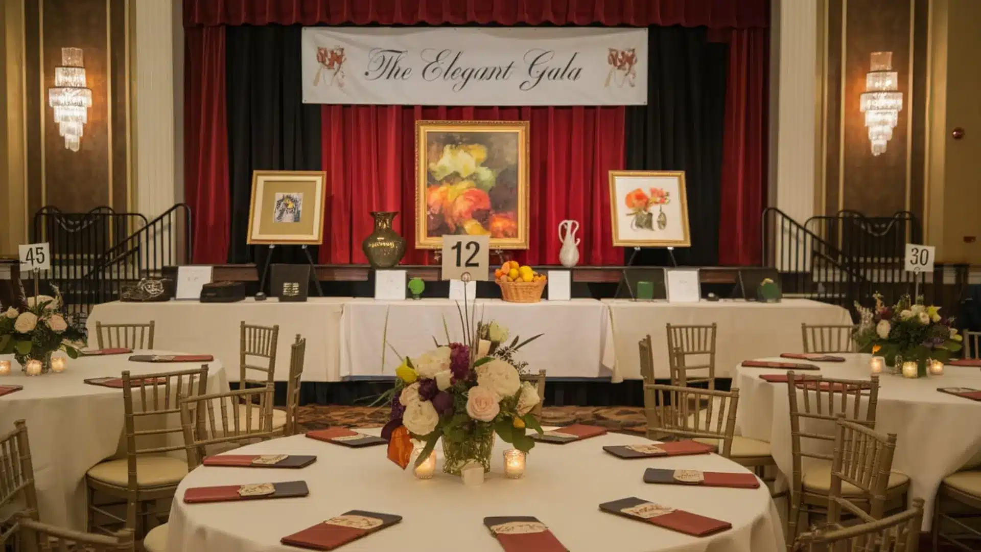 Fundraising gala setup with auction tables, artwork display, and formal seating arrangement