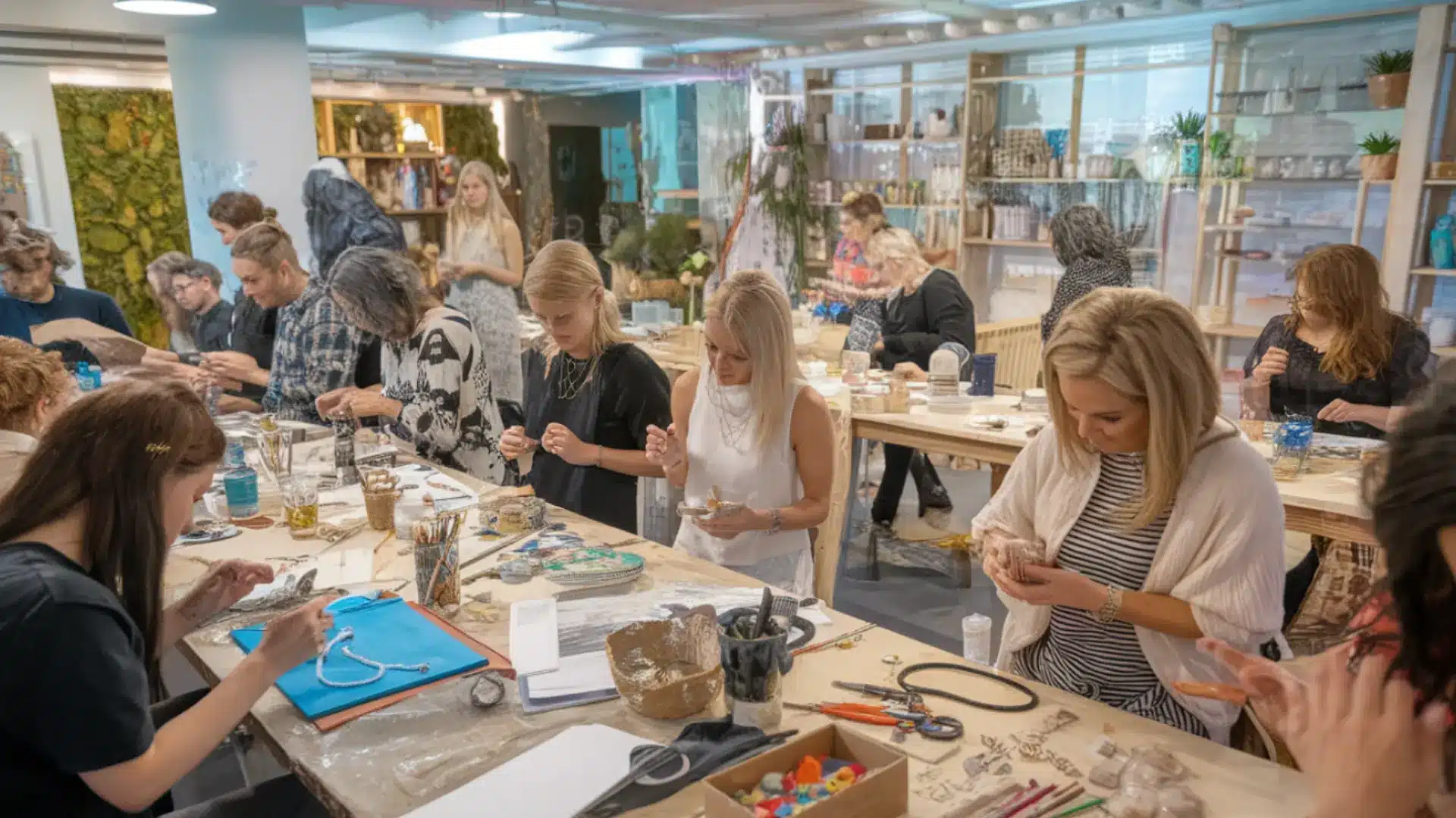 Group crafting together at workshop table with tools, paints, and handmade items in creative studio