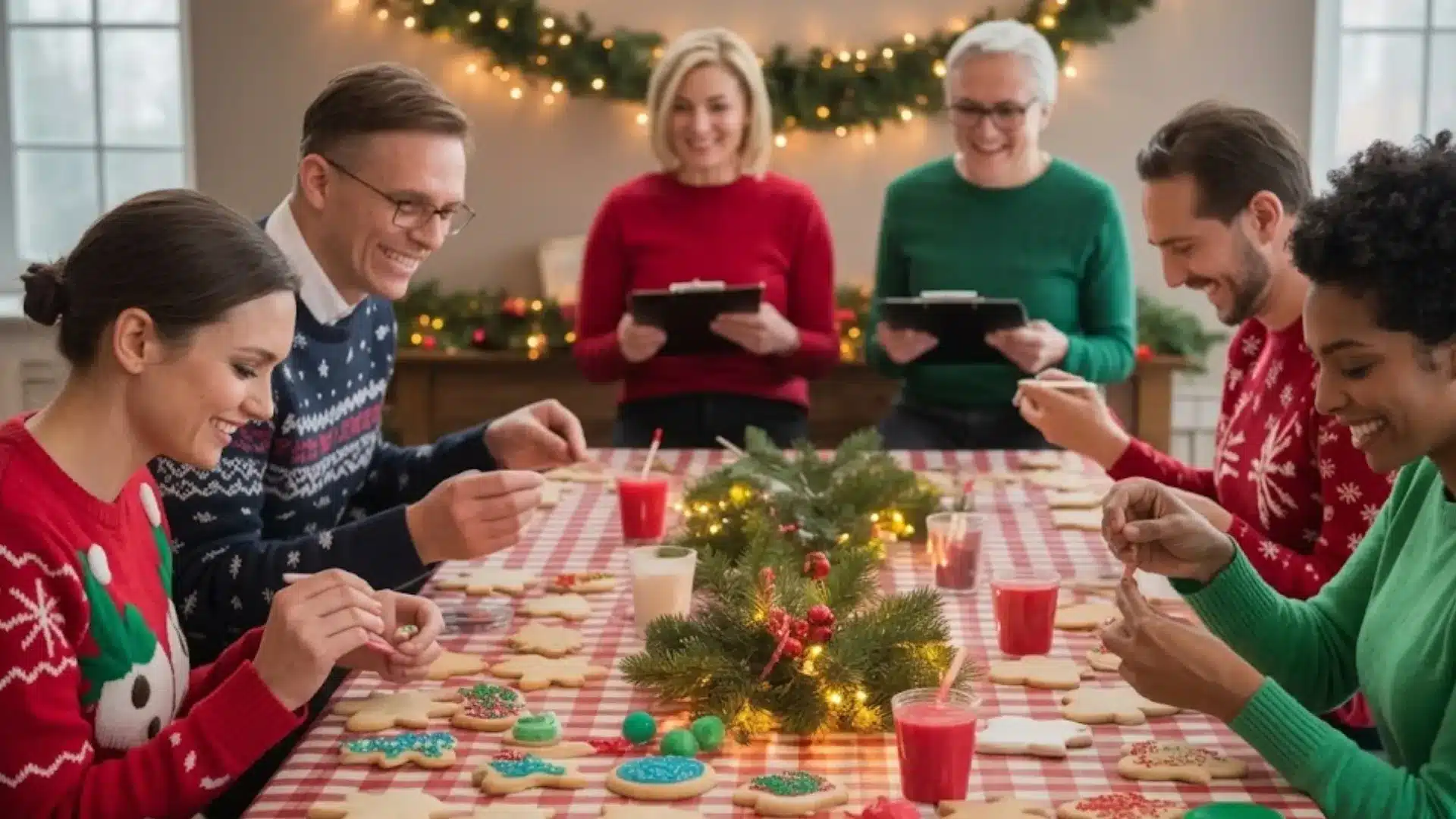 Group decorating Christmas cookies together at table with festive sweaters lights and holiday decorations indoors