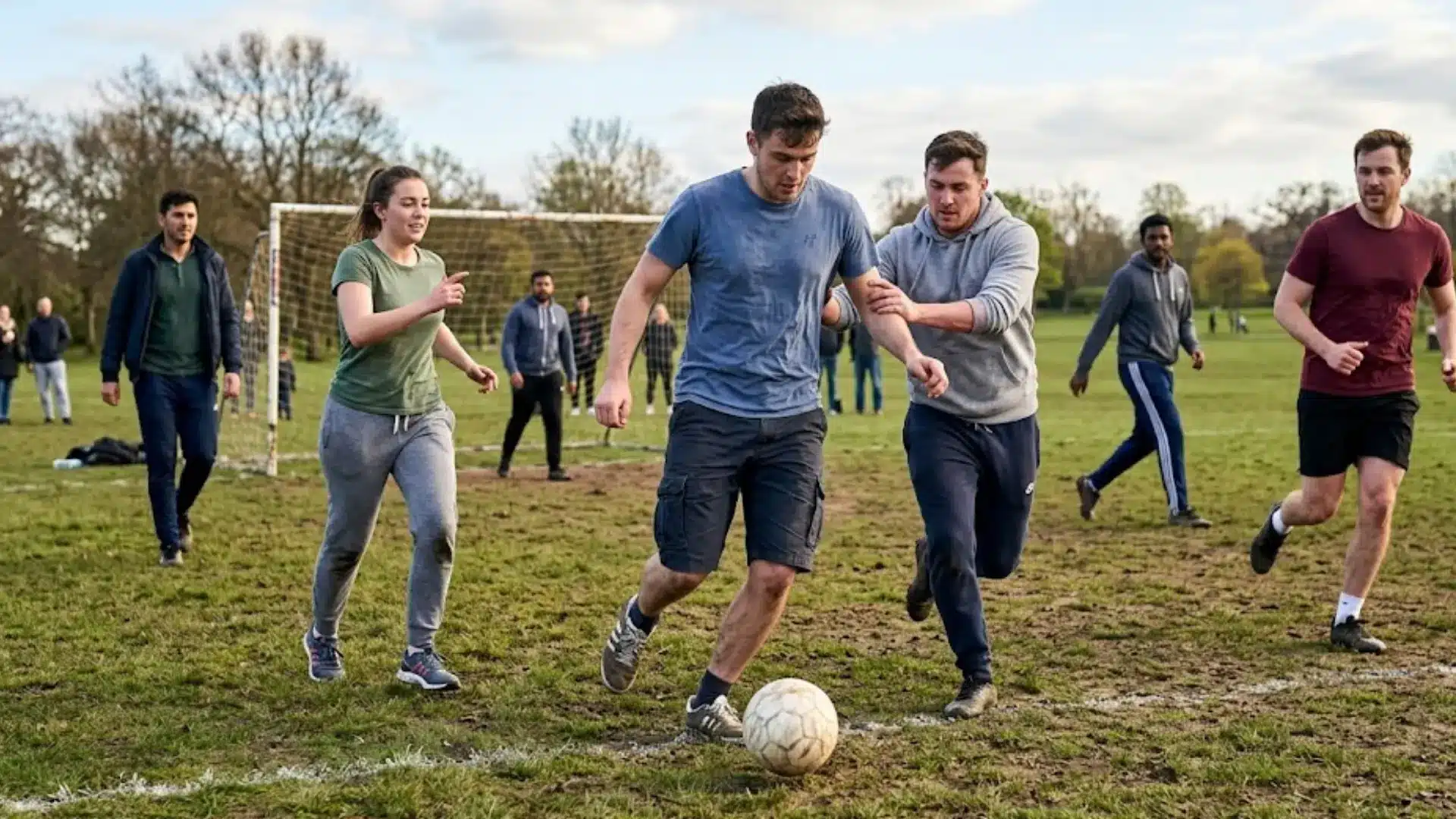 Group of friends playing soccer on grassy field with goalpost in background during casual outdoor game