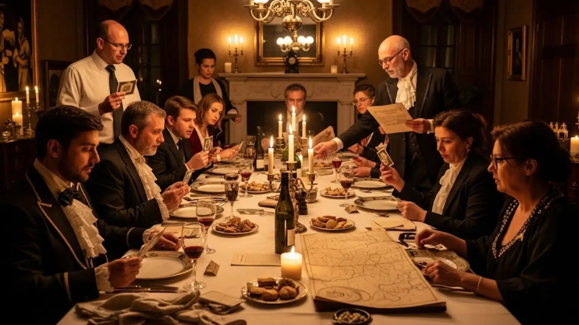 Group playing mystery dinner game with candles and cards at elegant table in vintage themed setting