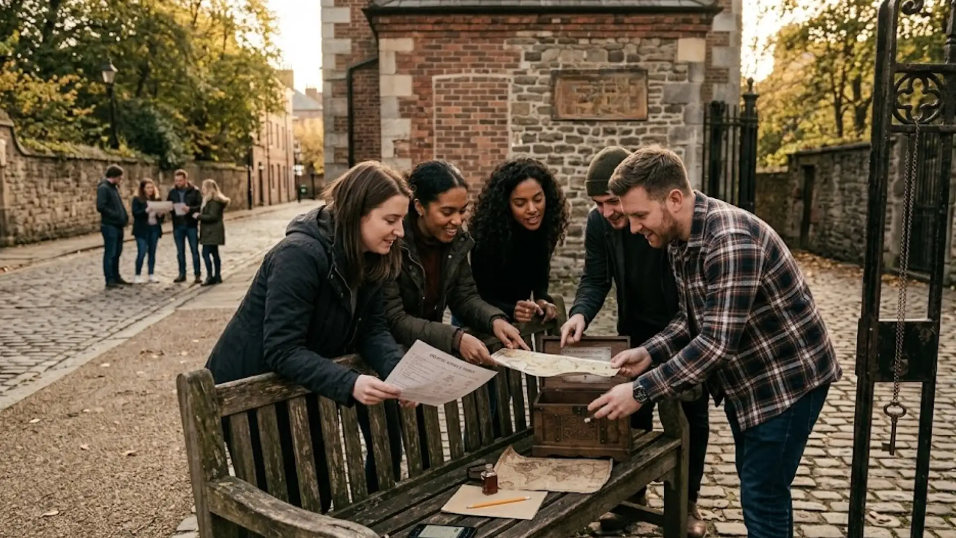 Group solving outdoor scavenger hunt game clue near old well with map and chest in historic street setting