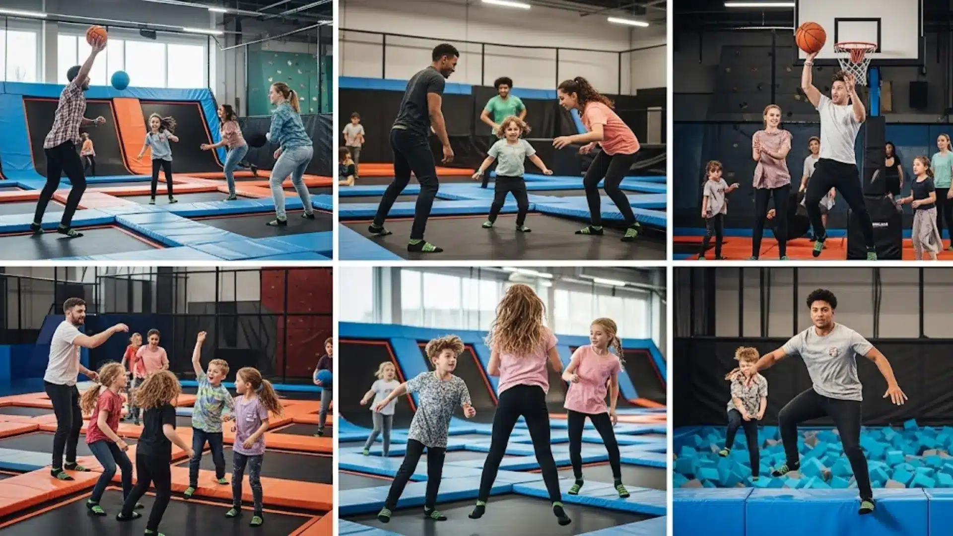 Kids and adults jumping and playing at indoor trampoline park with foam pits and basketball hoops
