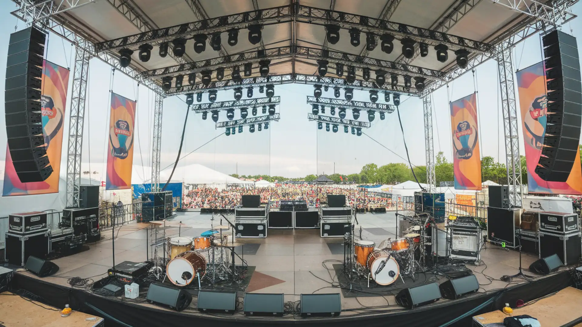 Outdoor concert stage setup with instruments, lighting rig, and large crowd gathered for live music event
