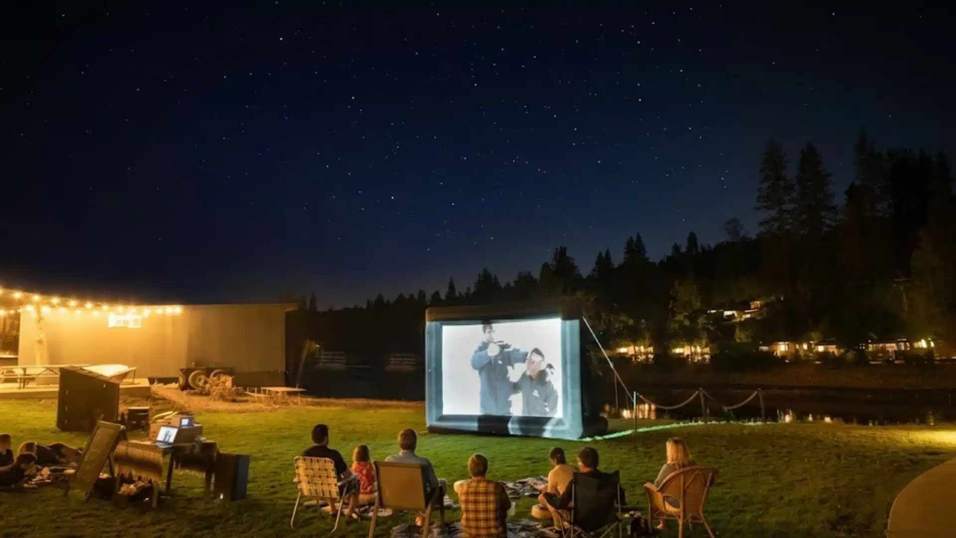 Outdoor movie night with people watching film on large screen under starry sky beside calm lake