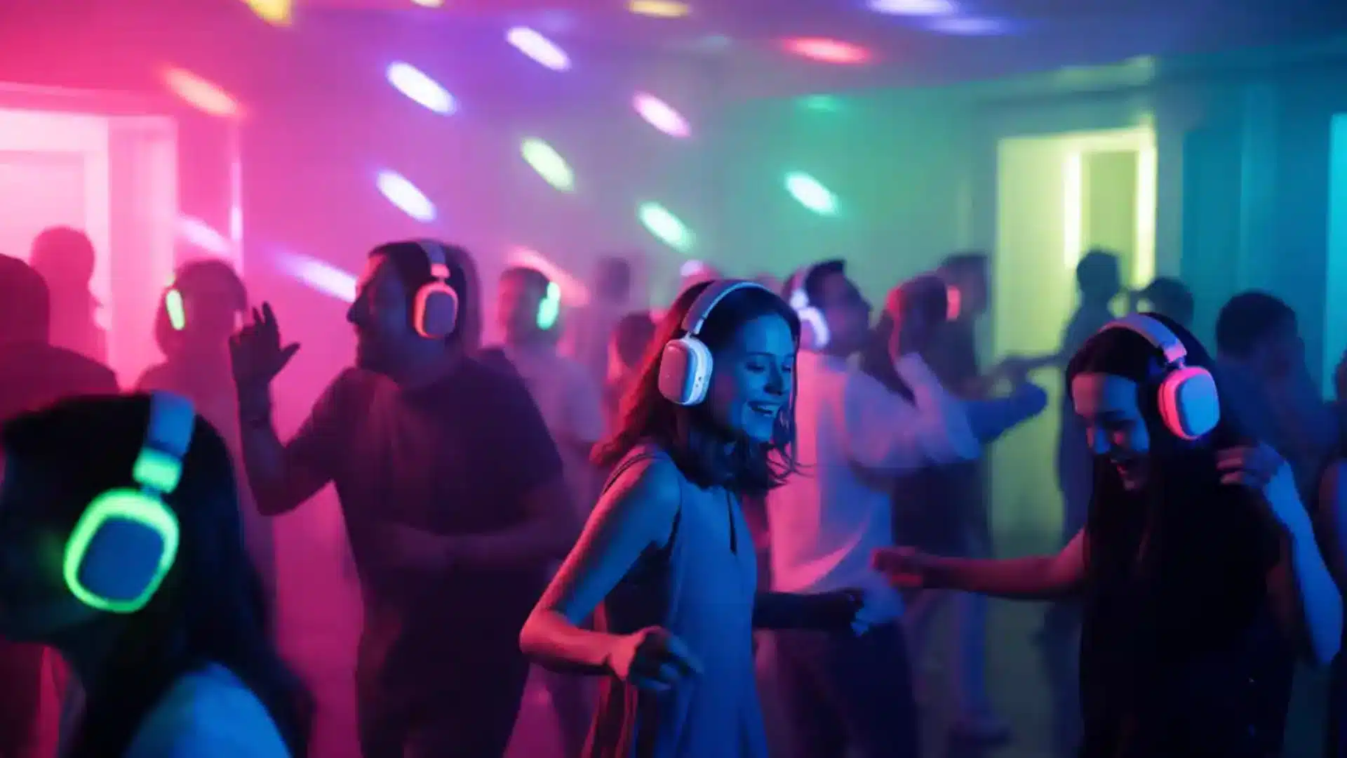 People dancing with wireless headphones at colorful silent disco party with neon lights and energetic crowd