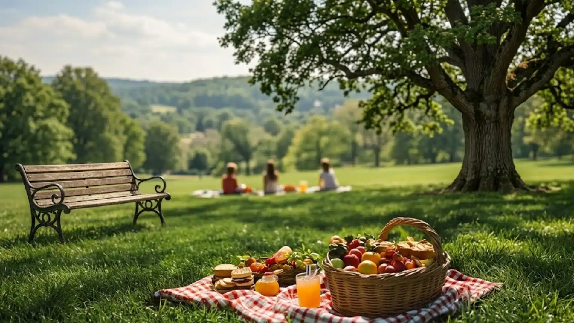 Picnic setup with basket and food on blanket in sunny park with friends relaxing in background under tree