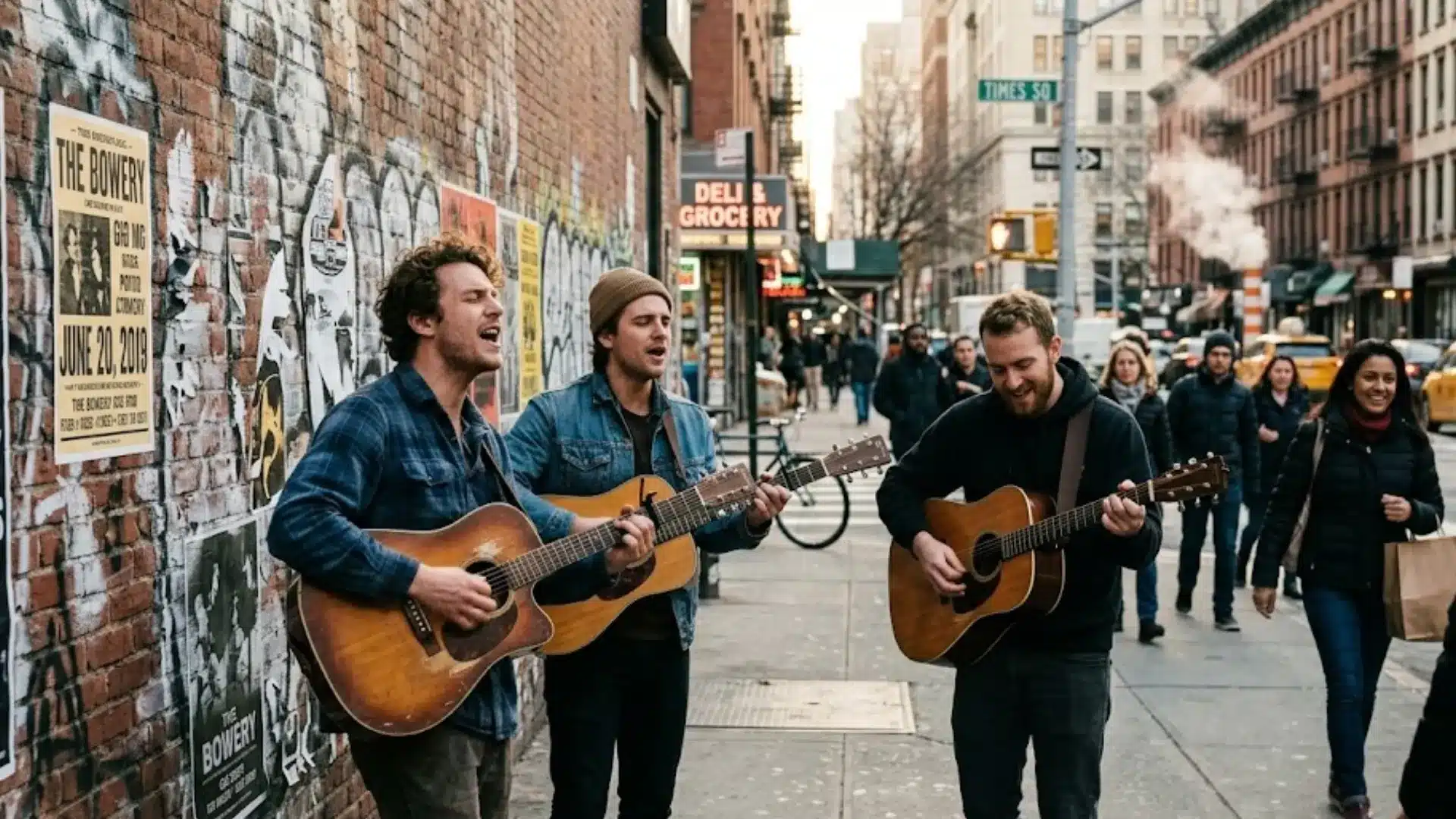 Street musicians playing guitars and singing on busy city sidewalk with pedestrians and urban buildings