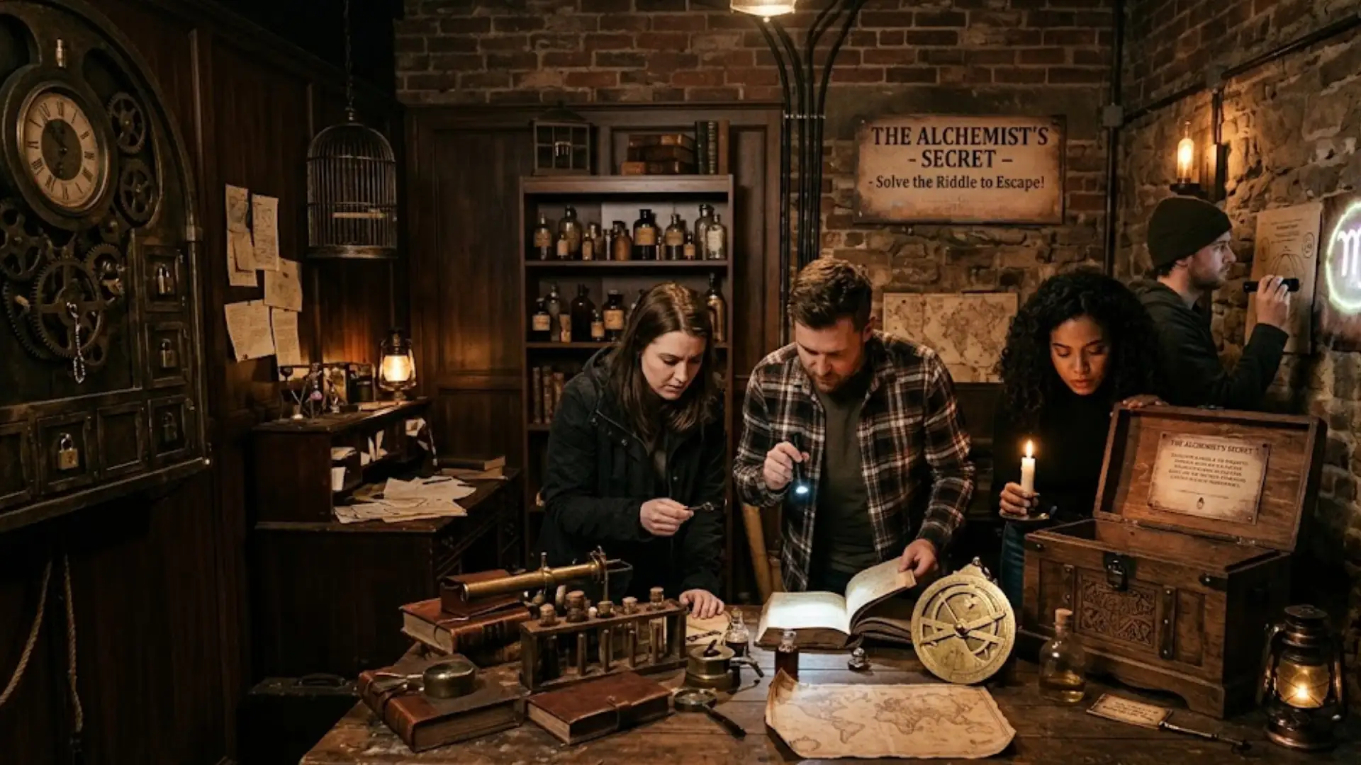 Team solving escape room puzzle with vintage props maps and clues in themed alchemist lab setting indoors
