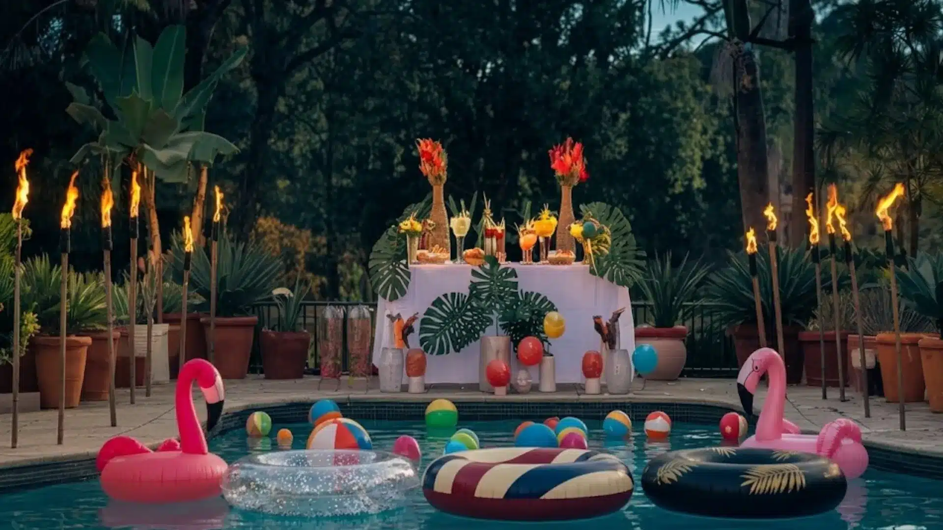 Tropical pool party setup with floats drinks tiki torches and decorated table surrounded by plants outdoors