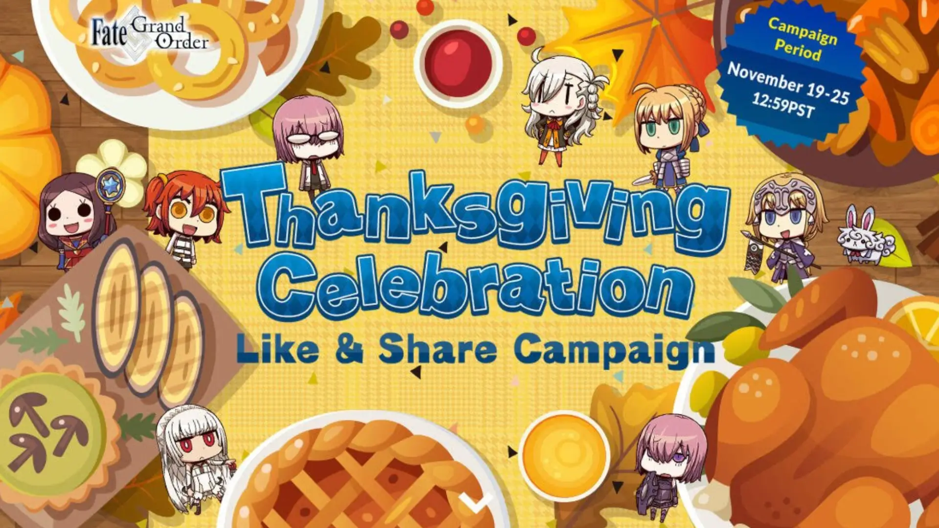 Fate Grand Order Thanksgiving Celebration banner with chibi characters, food items like pie and turkey, and campaign dates