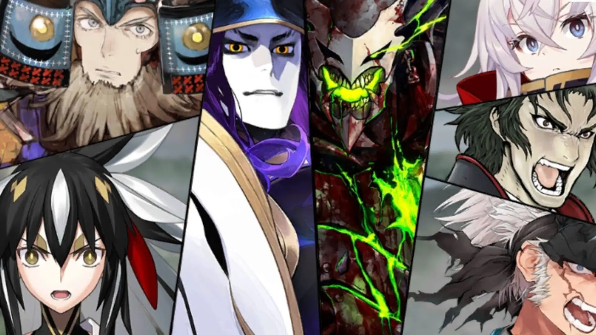 Fate Grand Order characters collage showing multiple anime fighters and villains in split panels with intense expressions