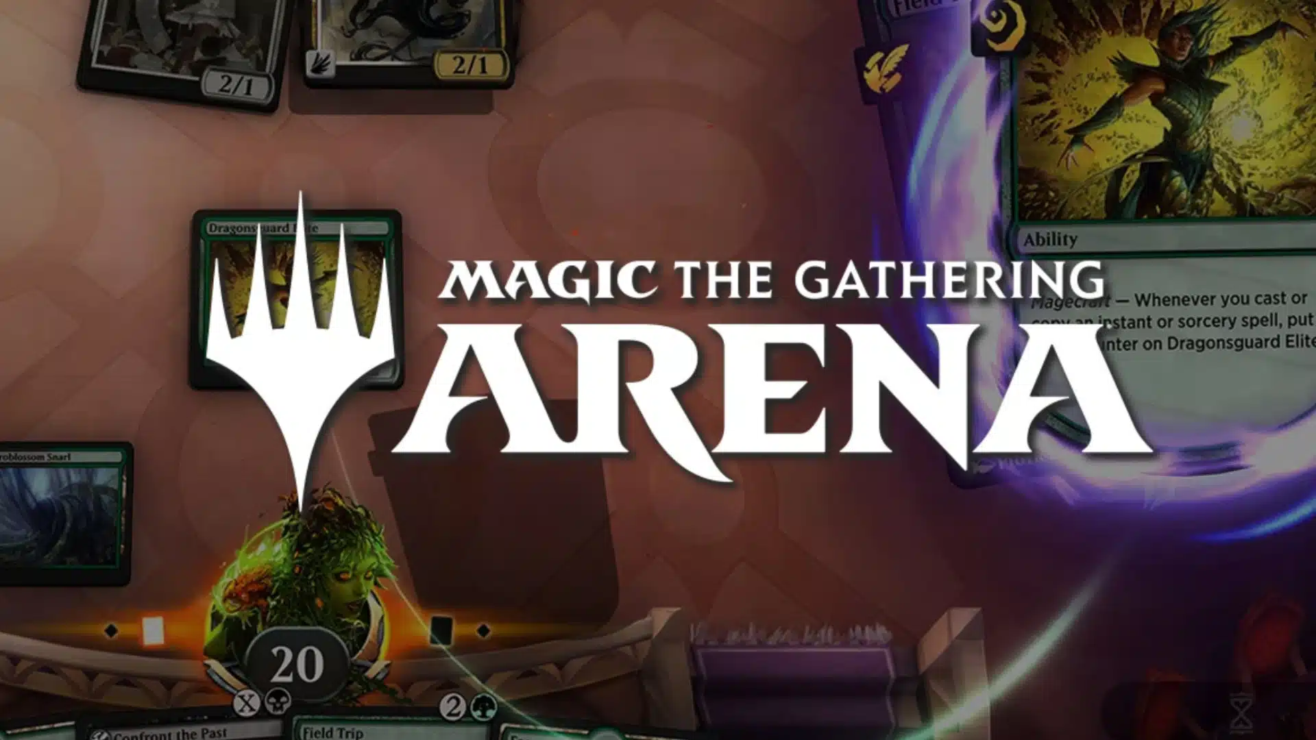 Magic The Gathering Arena gameplay screen with cards, interface, and logo displayed during digital match