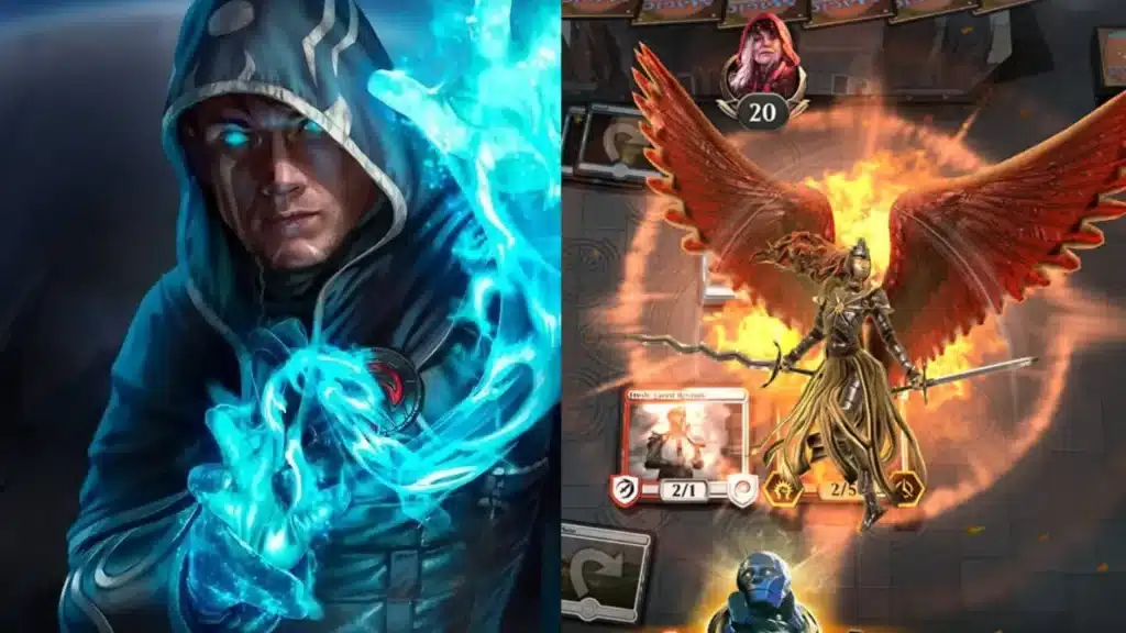 Split image of mage casting spell and MTG Arena battle scene with winged creature and active gameplay elements