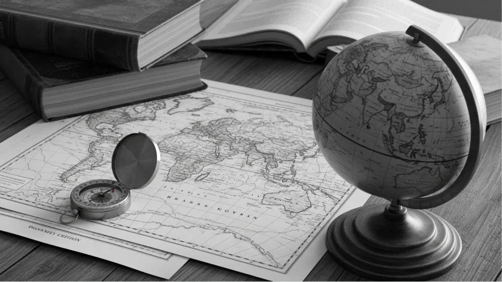 Vintage world map with compass and globe on wooden desk beside stacked and open books, study setup