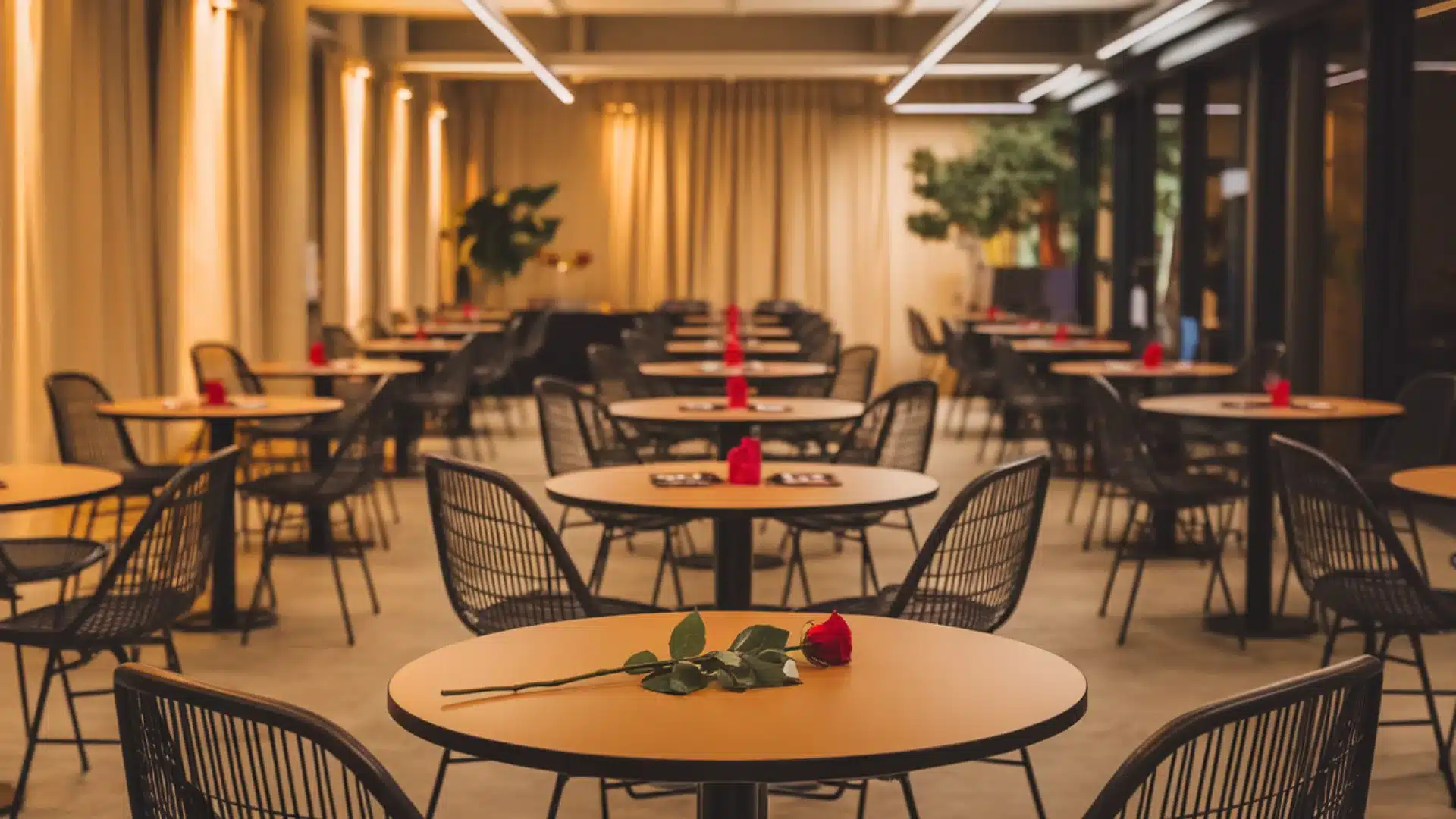 Empty speed dating venue with small tables, chairs, soft lighting, and a single red rose centerpiece