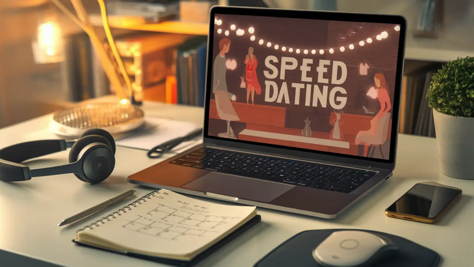 Laptop showing virtual speed dating interface on desk with headphones, notebook, and phone setup