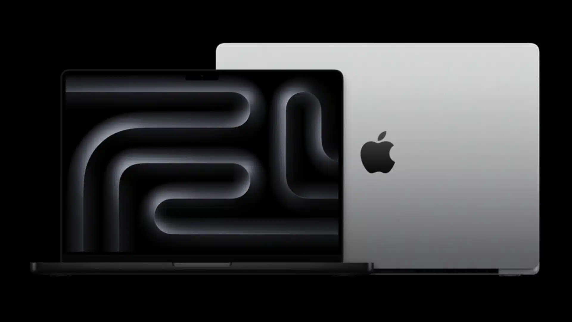 Apple MacBook Pro laptops front and back view with dark display wallpaper and sleek aluminum design
