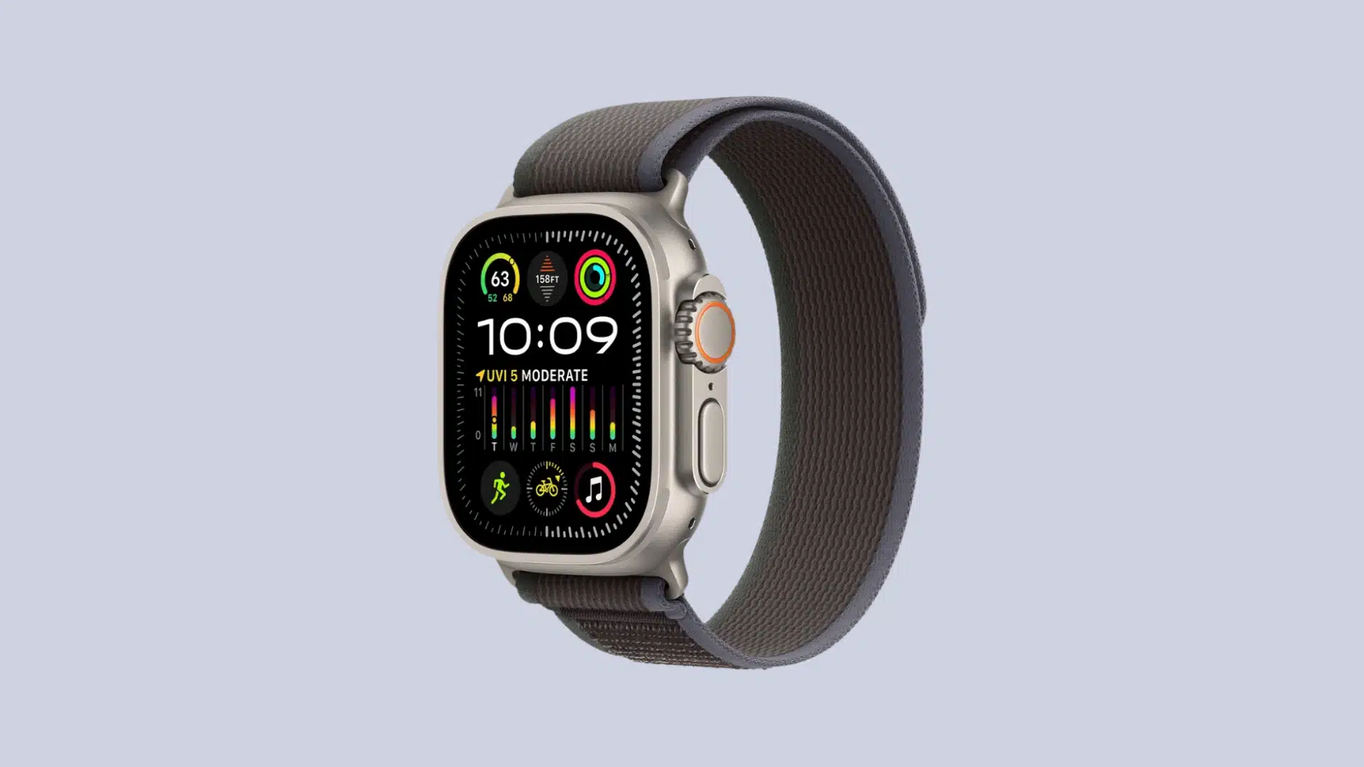 Apple Watch Ultra with gray strap displaying fitness stats, time, activity rings and rugged design on screen