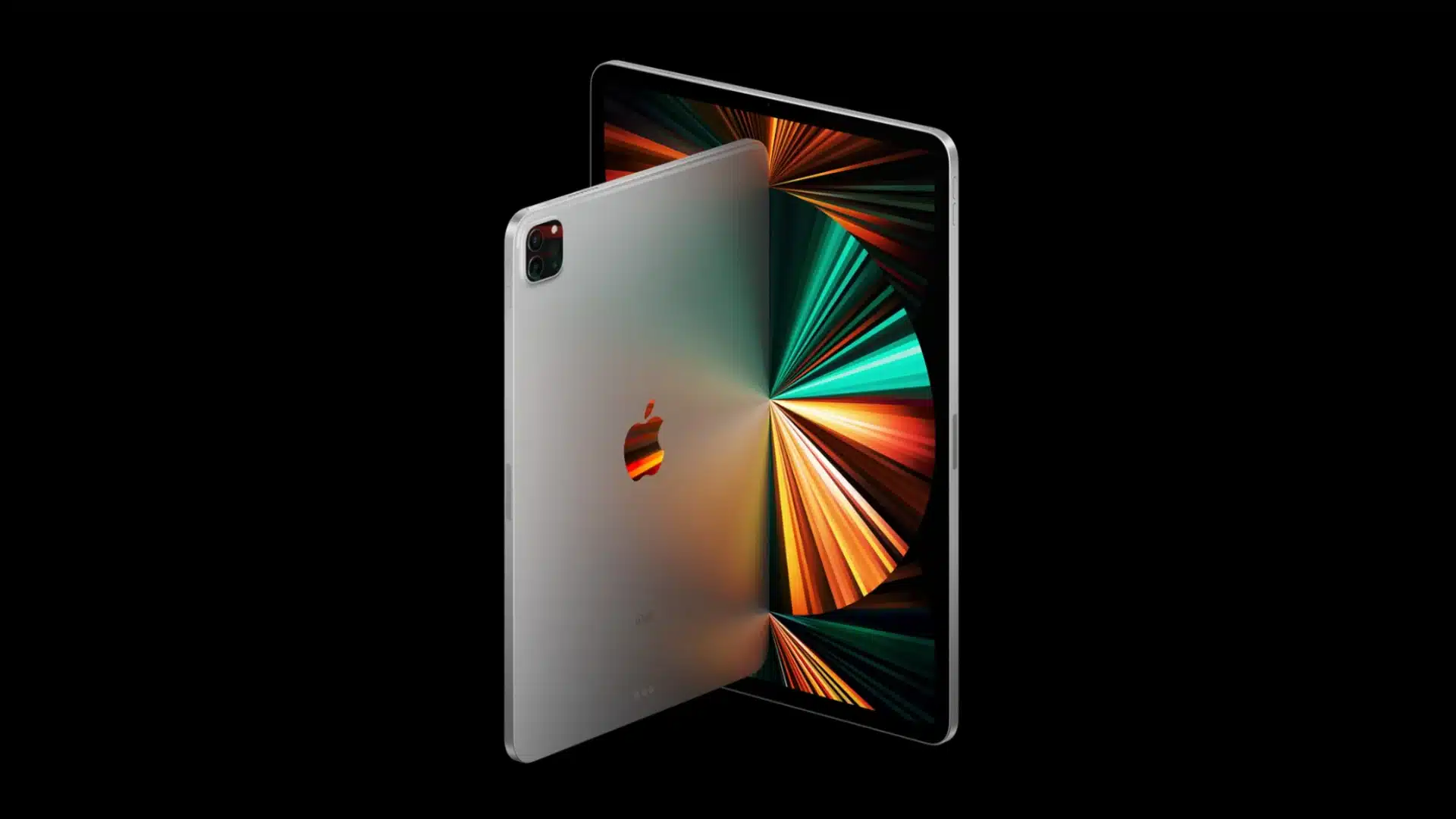 Apple iPad Pro showing front display and back design with colorful screen on black background