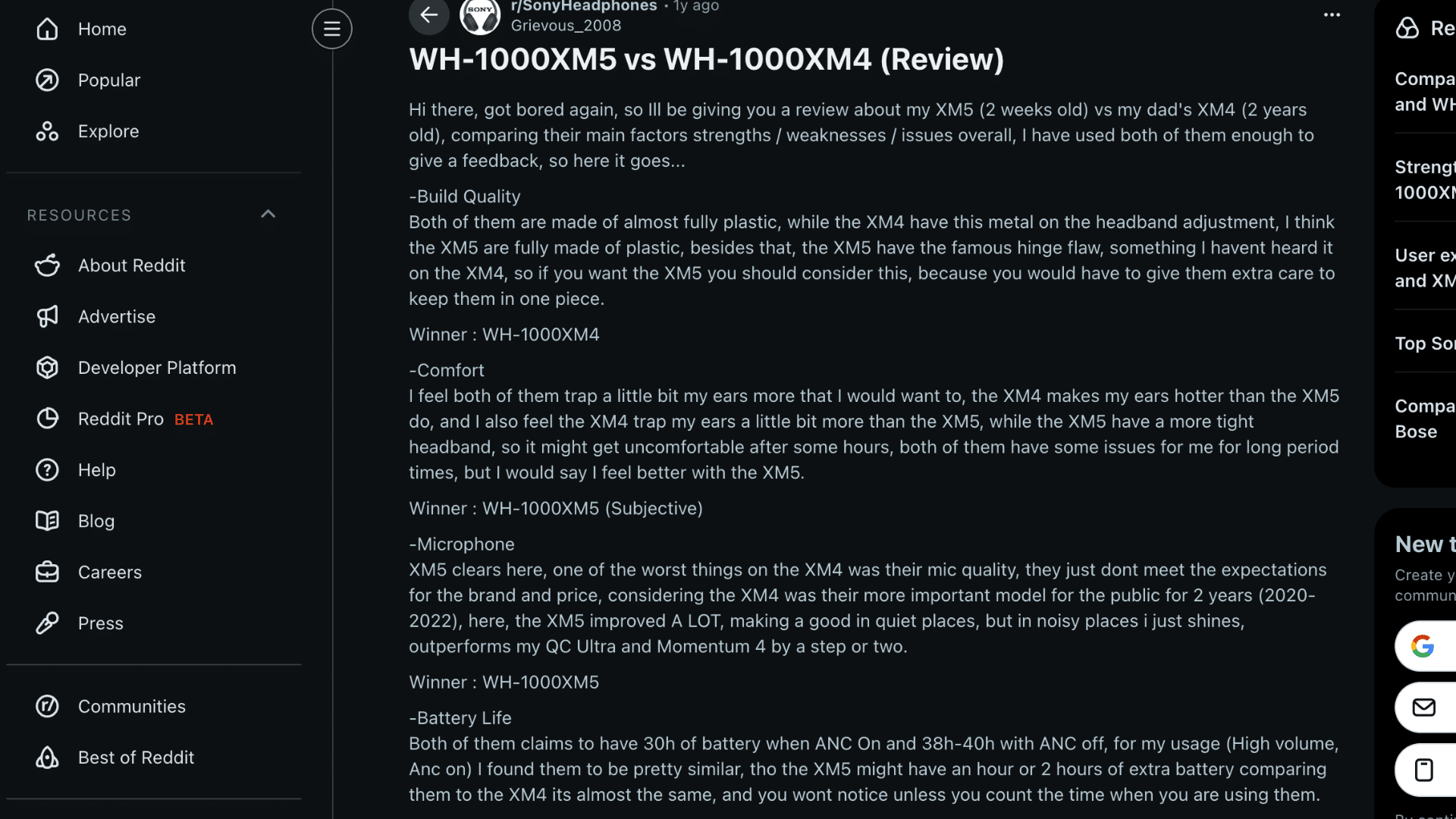 Customer Reviews and Experiences of Sony XM4