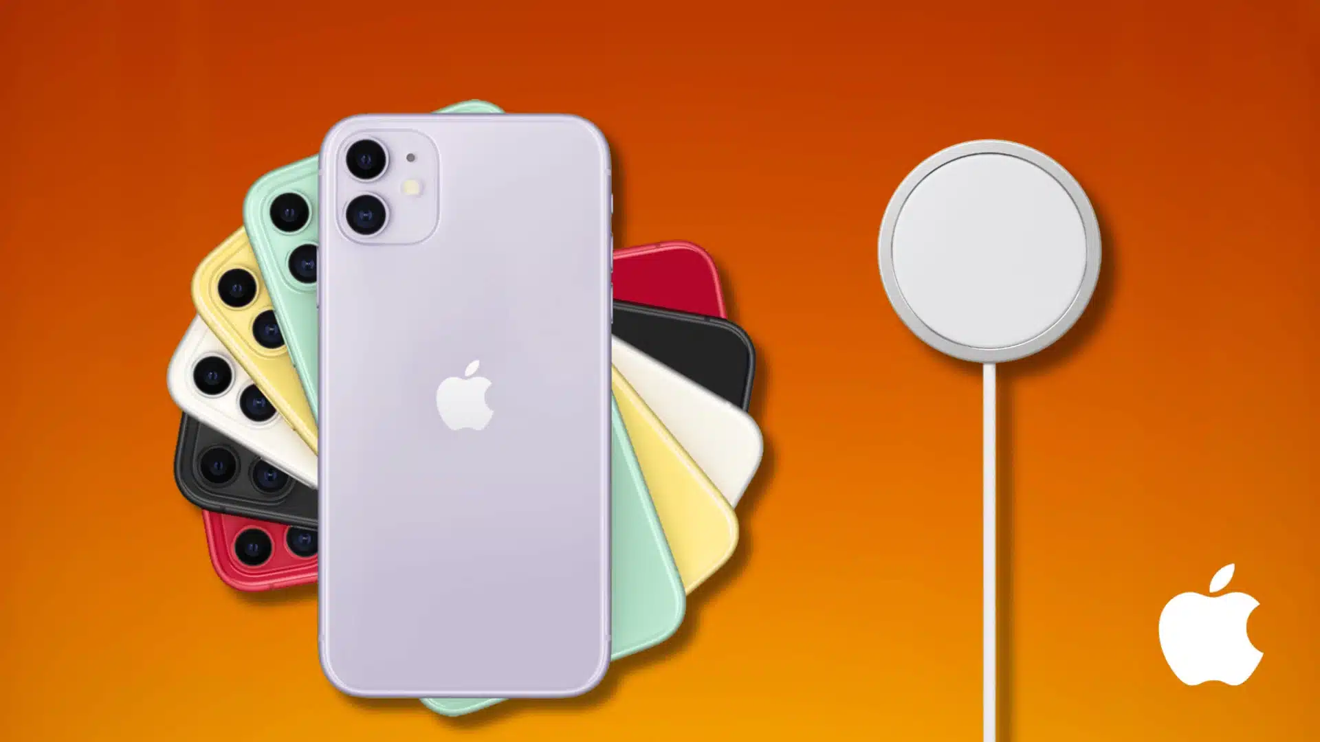 Multiple iPhone 11 color variants displayed with MagSafe charger on orange background highlighting compatibility concept