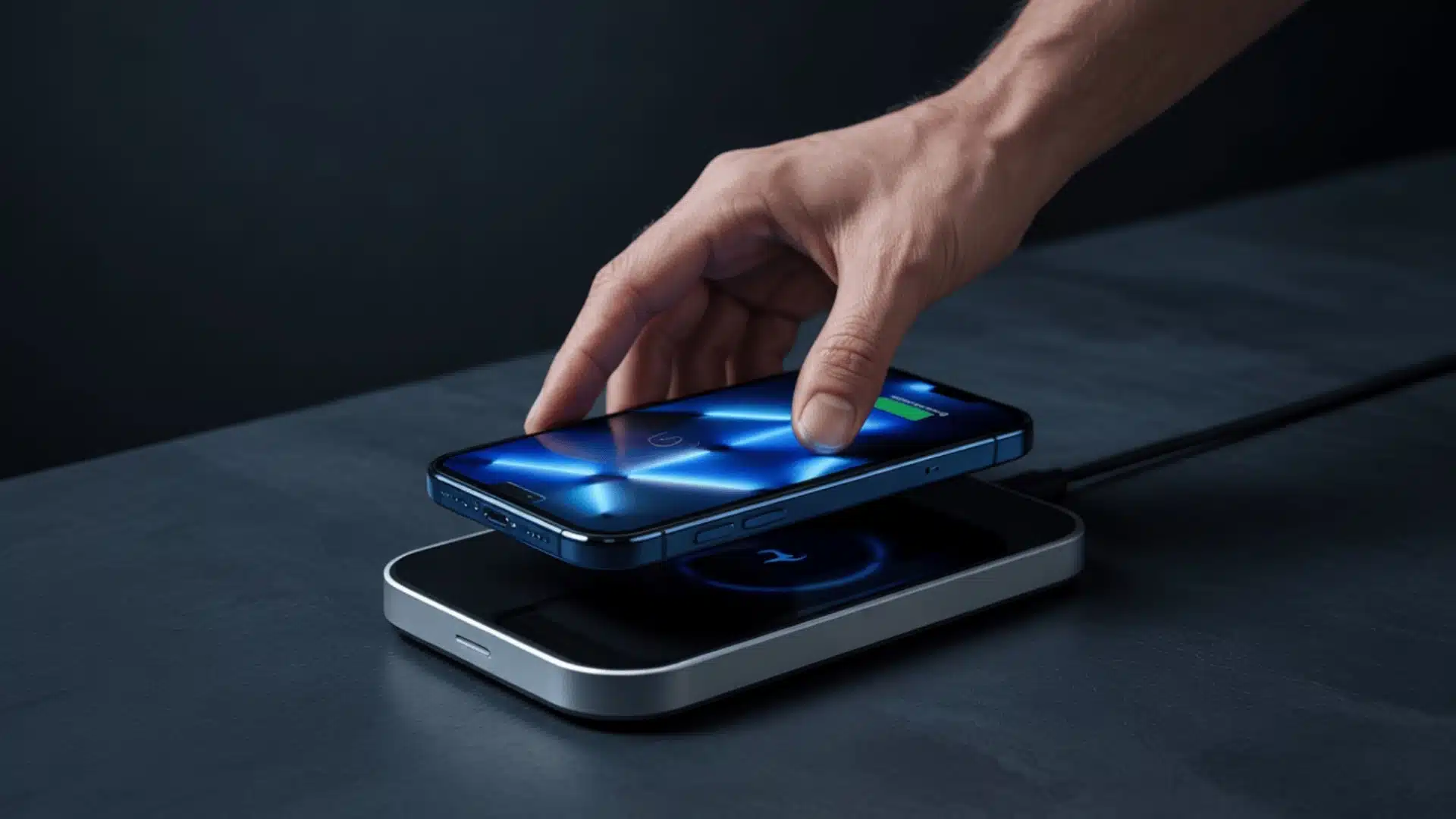 Smartphone placed on wireless charging pad with hand positioning device, showing Qi wireless charging in action