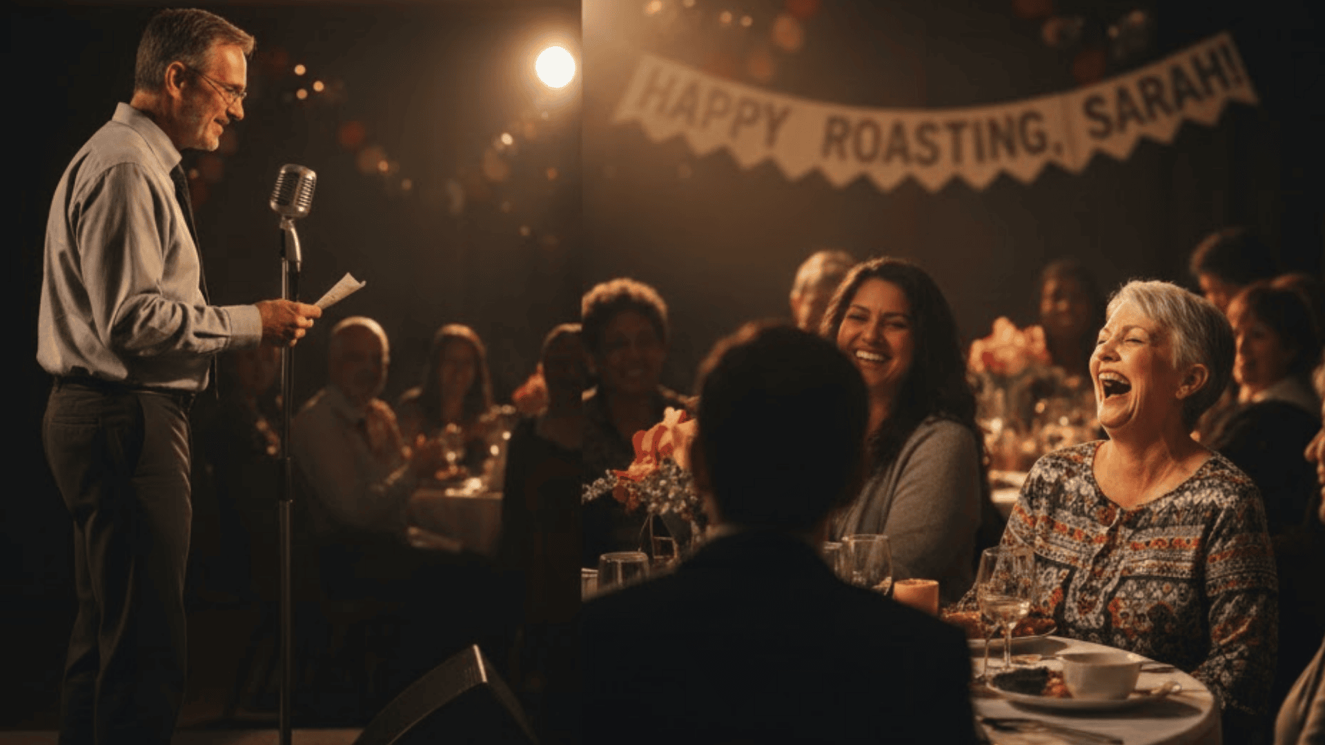 comedy roast with coworkers and family sharing funny stories