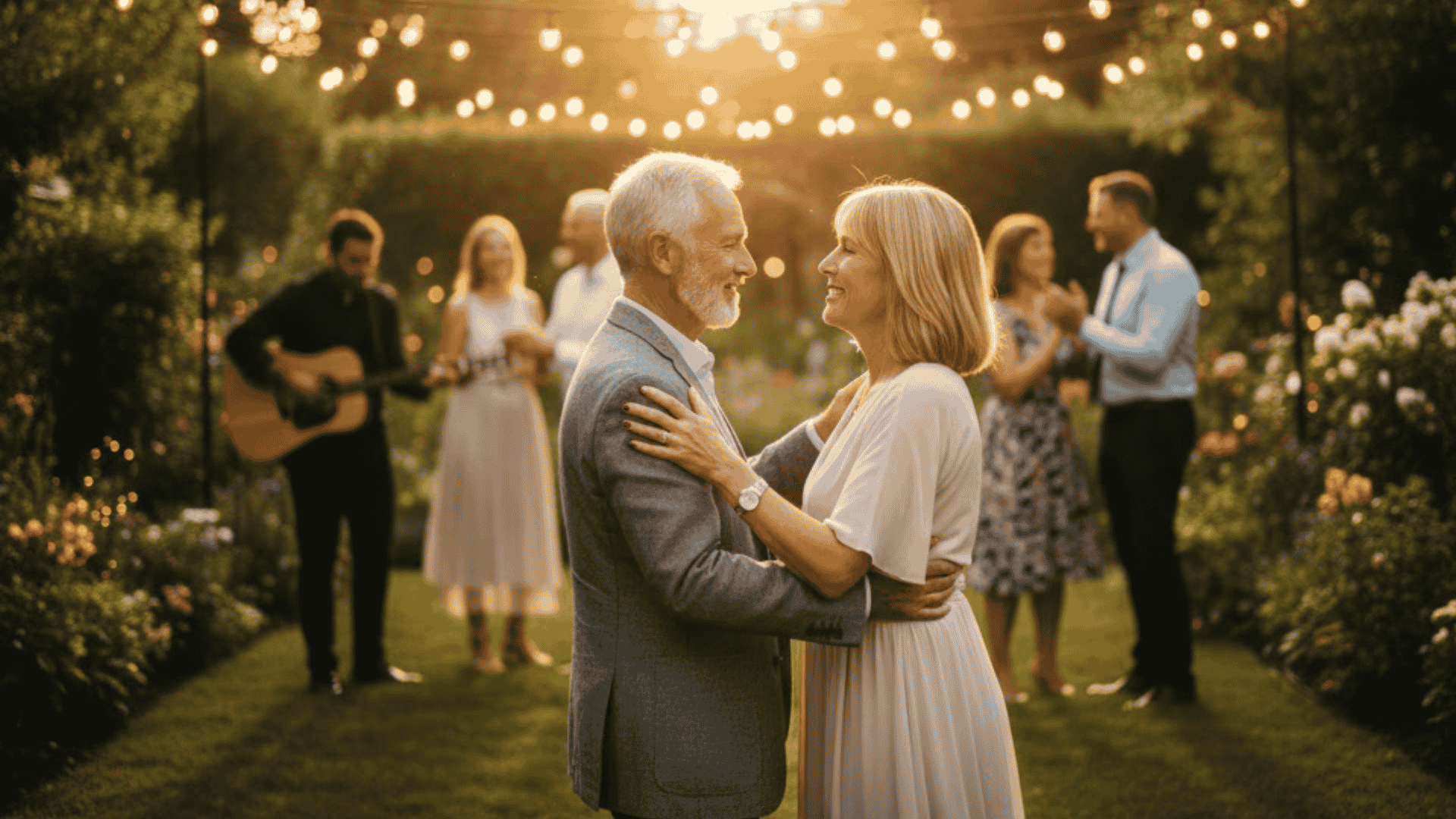 outdoor garden party with light decorations and live music