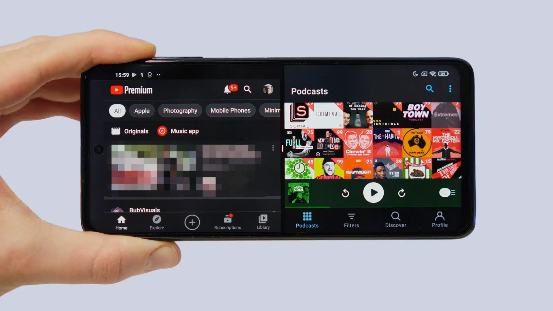 Android phone using split screen multitasking with video streaming and podcast apps open together