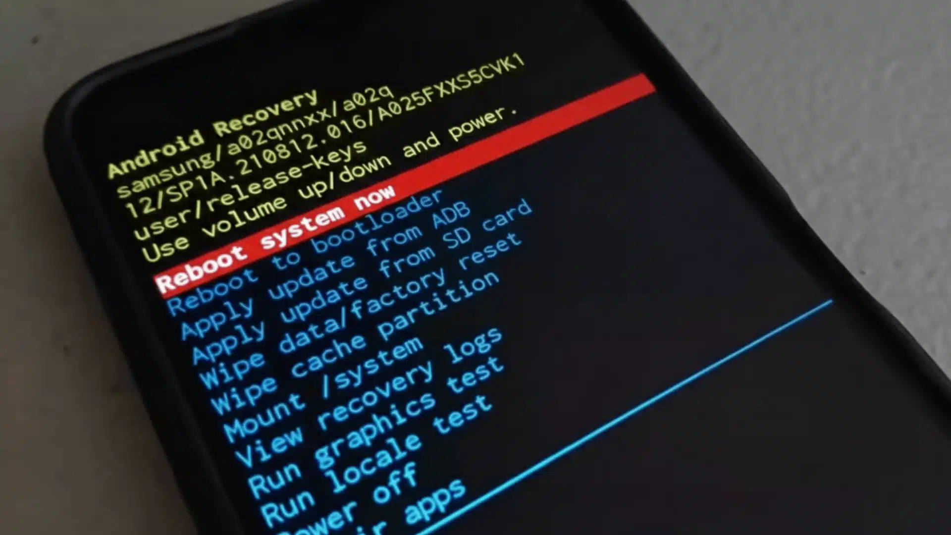 Android recovery mode screen with factory reset and system options highlighted on smartphone display