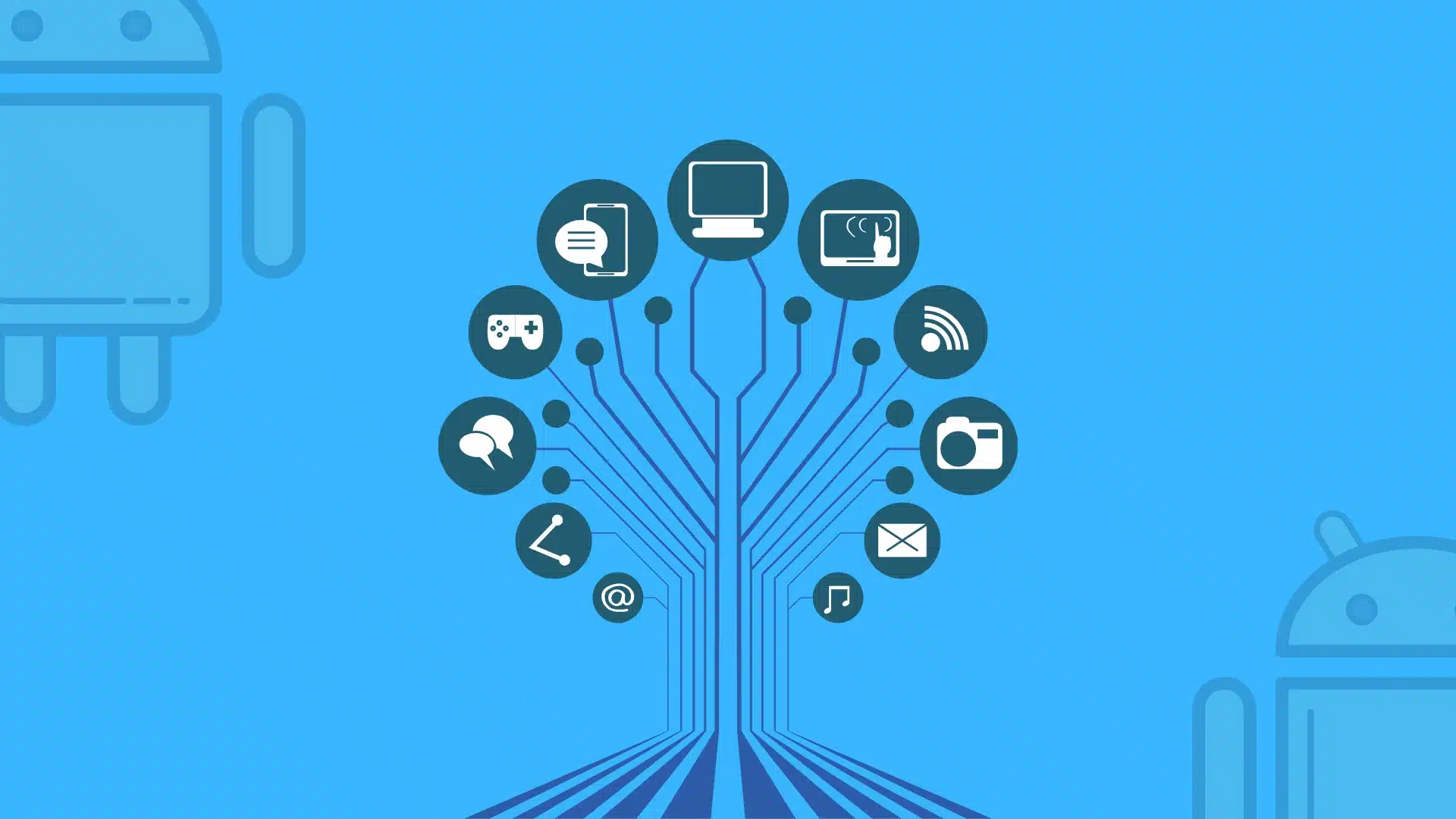 Digital illustration showing connected devices tree with icons for software tools and system connectivity