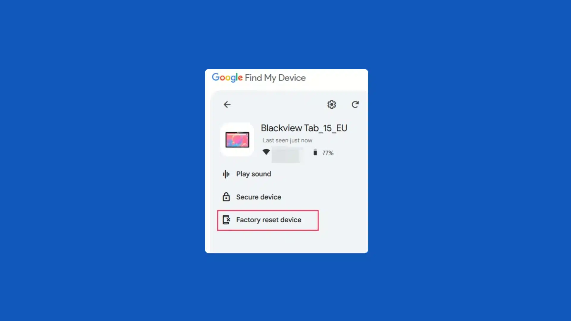 Google Find My Device interface showing factory reset option for remotely erasing Android device