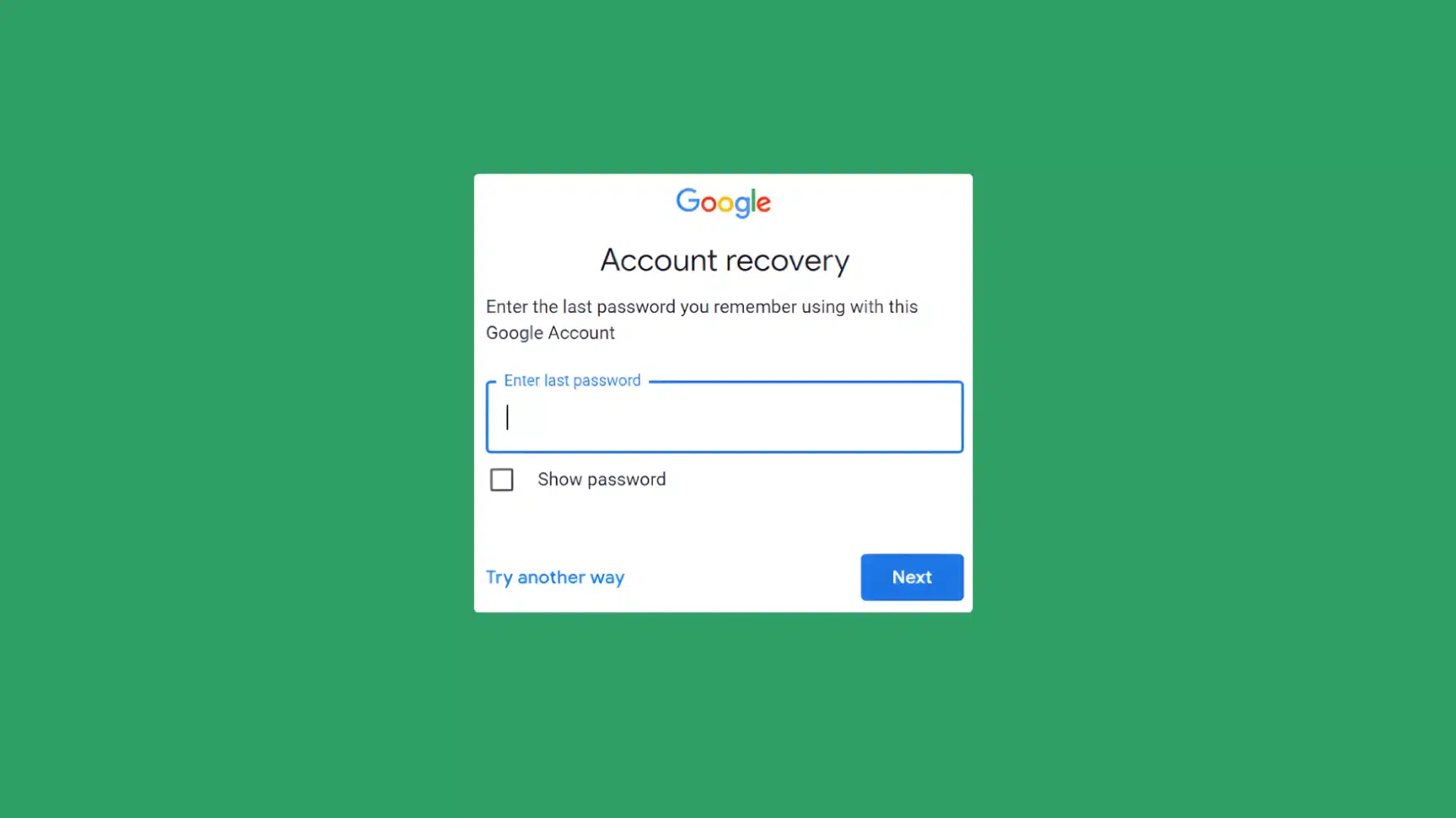 Google account recovery page prompting password entry with clean interface on green background
