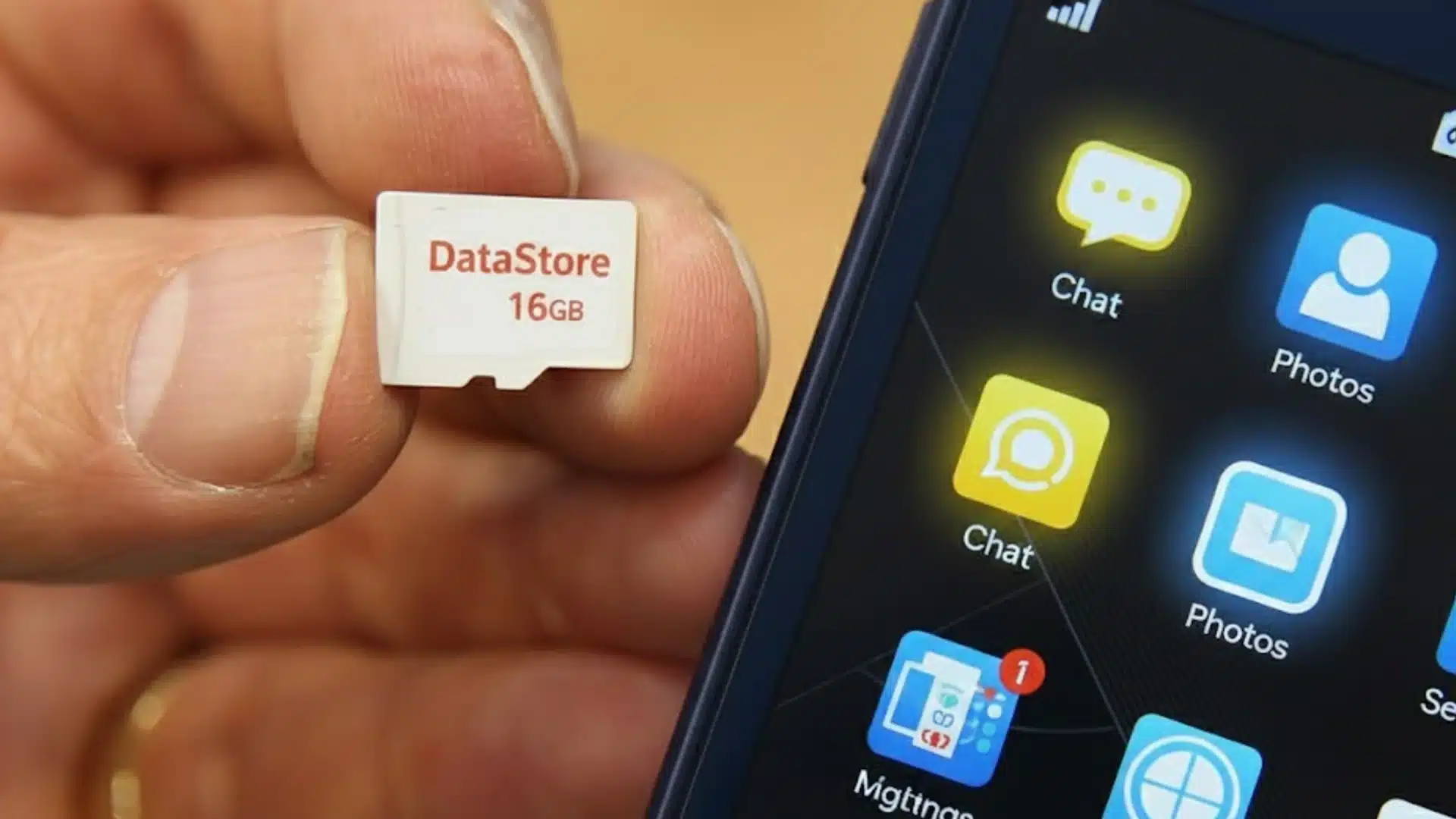 Hand holding microSD card near smartphone screen showing expandable storage support and data flexibility