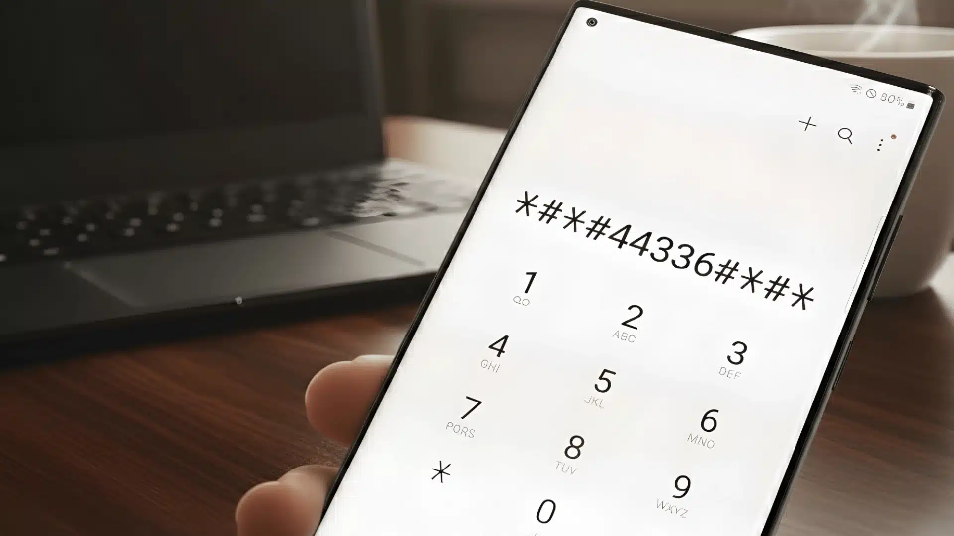Smartphone dial pad displaying secret code entry on screen with laptop and coffee in background workspace