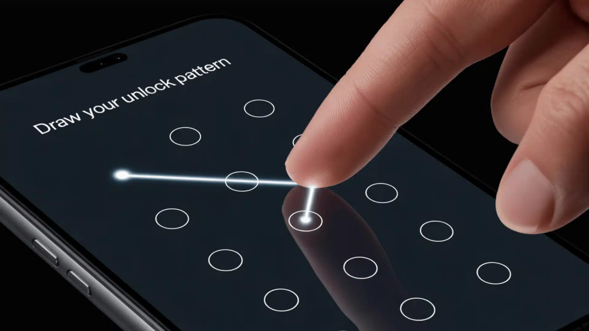 Smartphone lock screen pattern being drawn with finger demonstrating Android unlock method visually