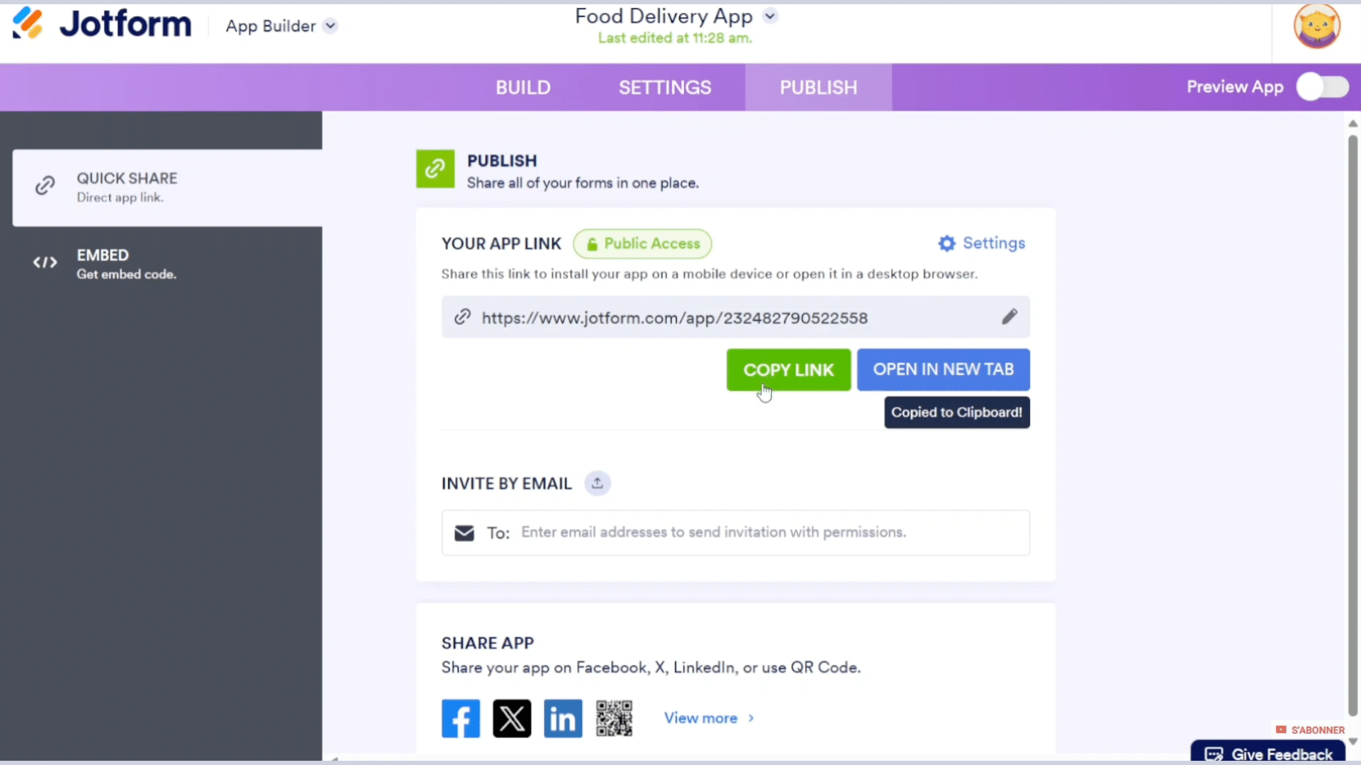 publish share and embed the app