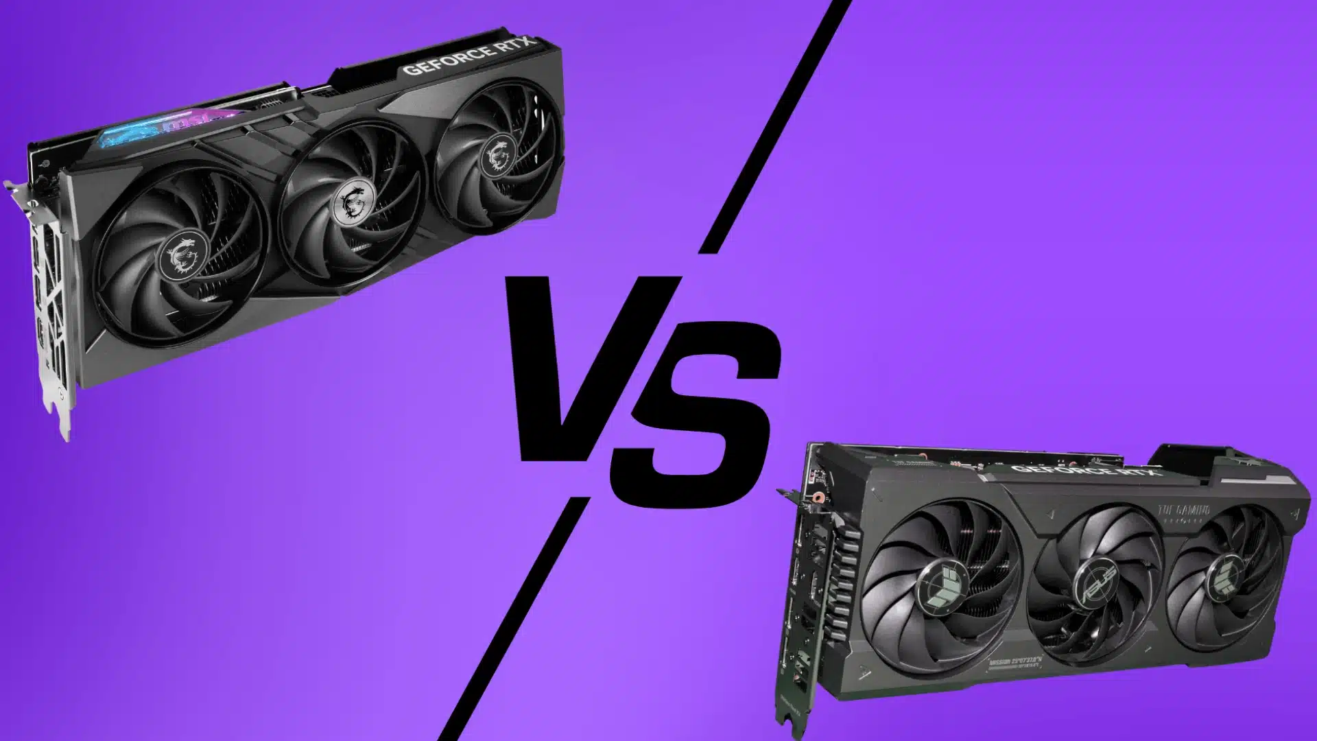 4070 Super vs 4070 TI graphics cards comparison with bold VS layout highlighting design differences